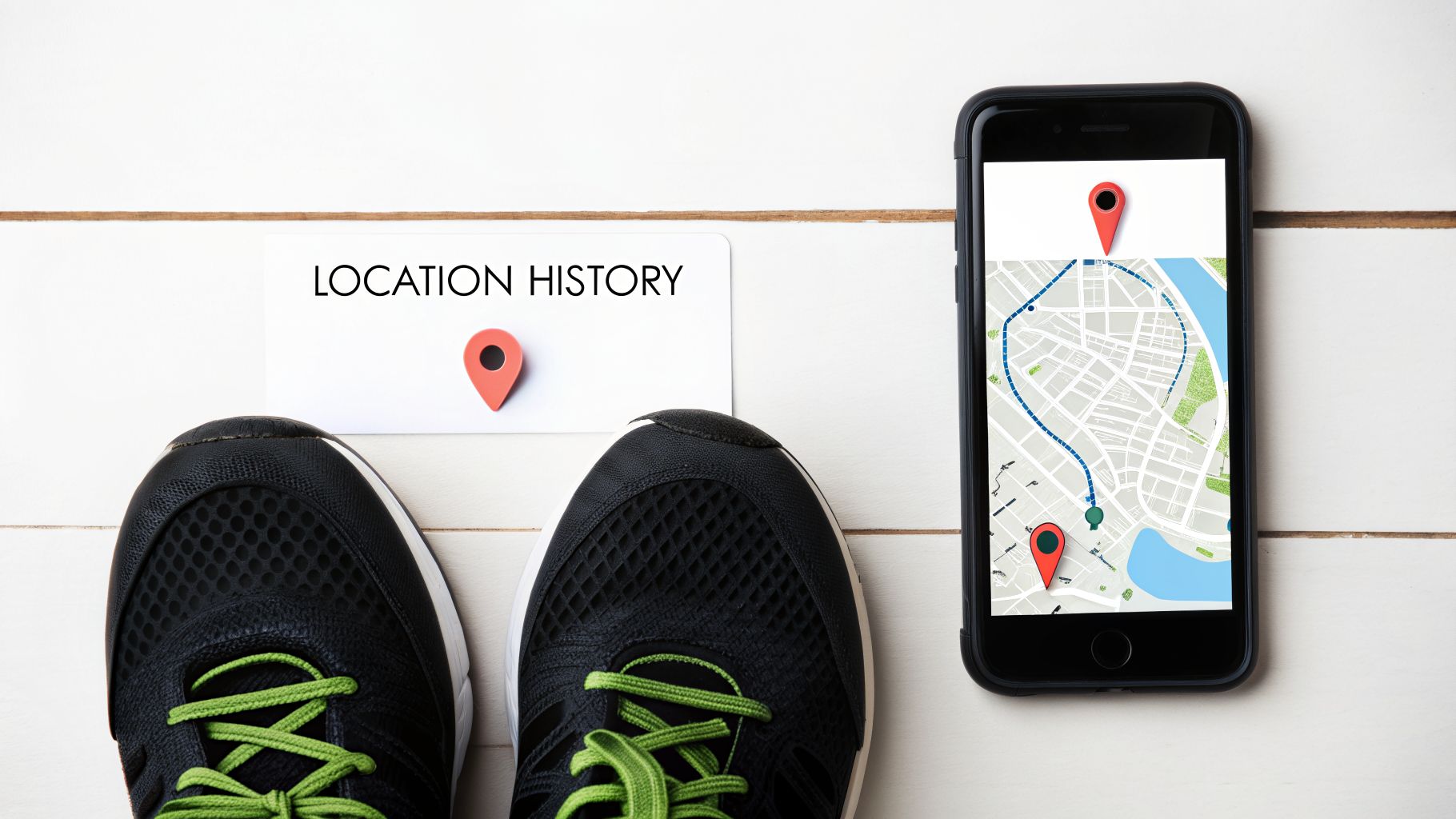 Black running shoes, 'LOCATION HISTORY' card, and a smartphone displaying a map with a tracked route.