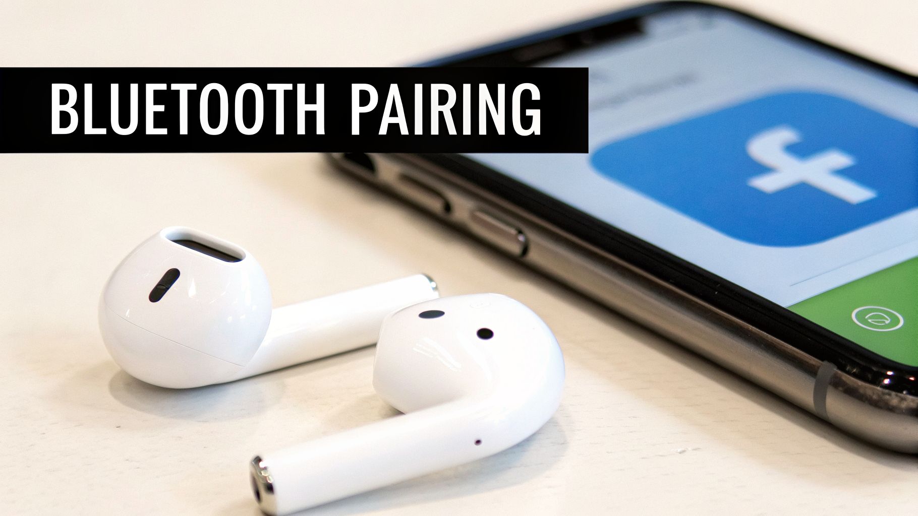 White wireless earbuds lie next to an iPhone displaying the Facebook app, with 'BLUETOOTH PAIRING' text.