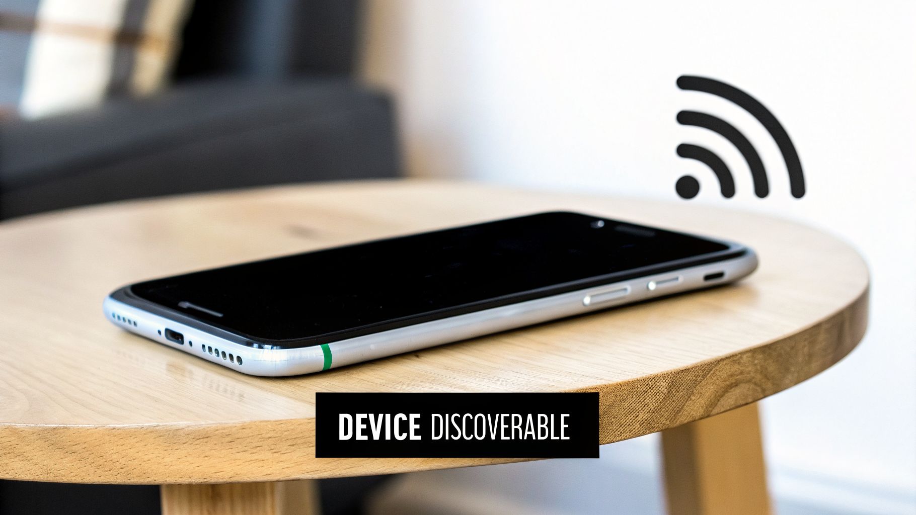 A silver smartphone with a black screen lies on a wooden table, displaying 'DEVICE DISCOVERABLE' with a Wi-Fi icon.