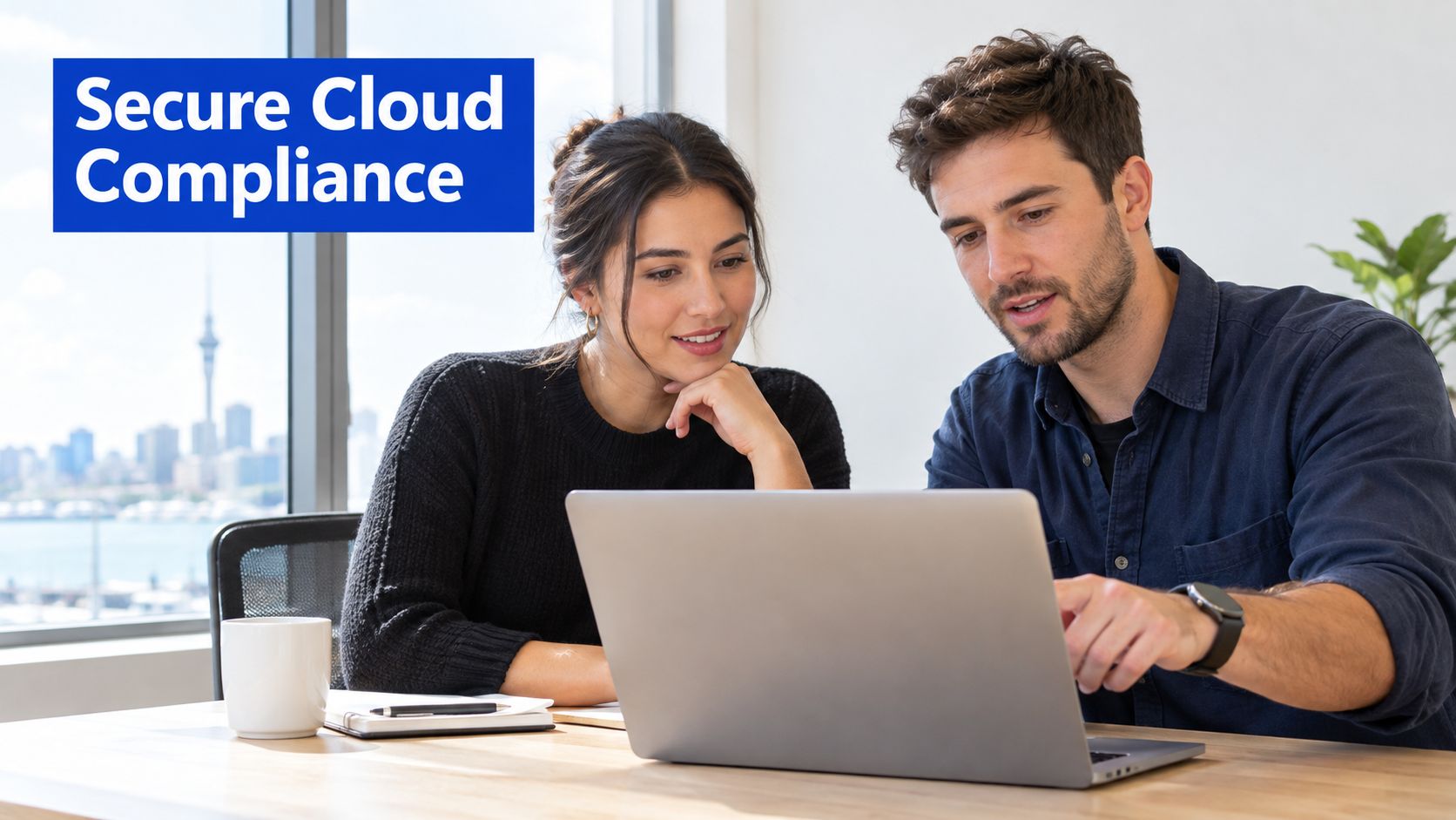 A professional man and woman collaborating on a laptop in a bright office with city views.