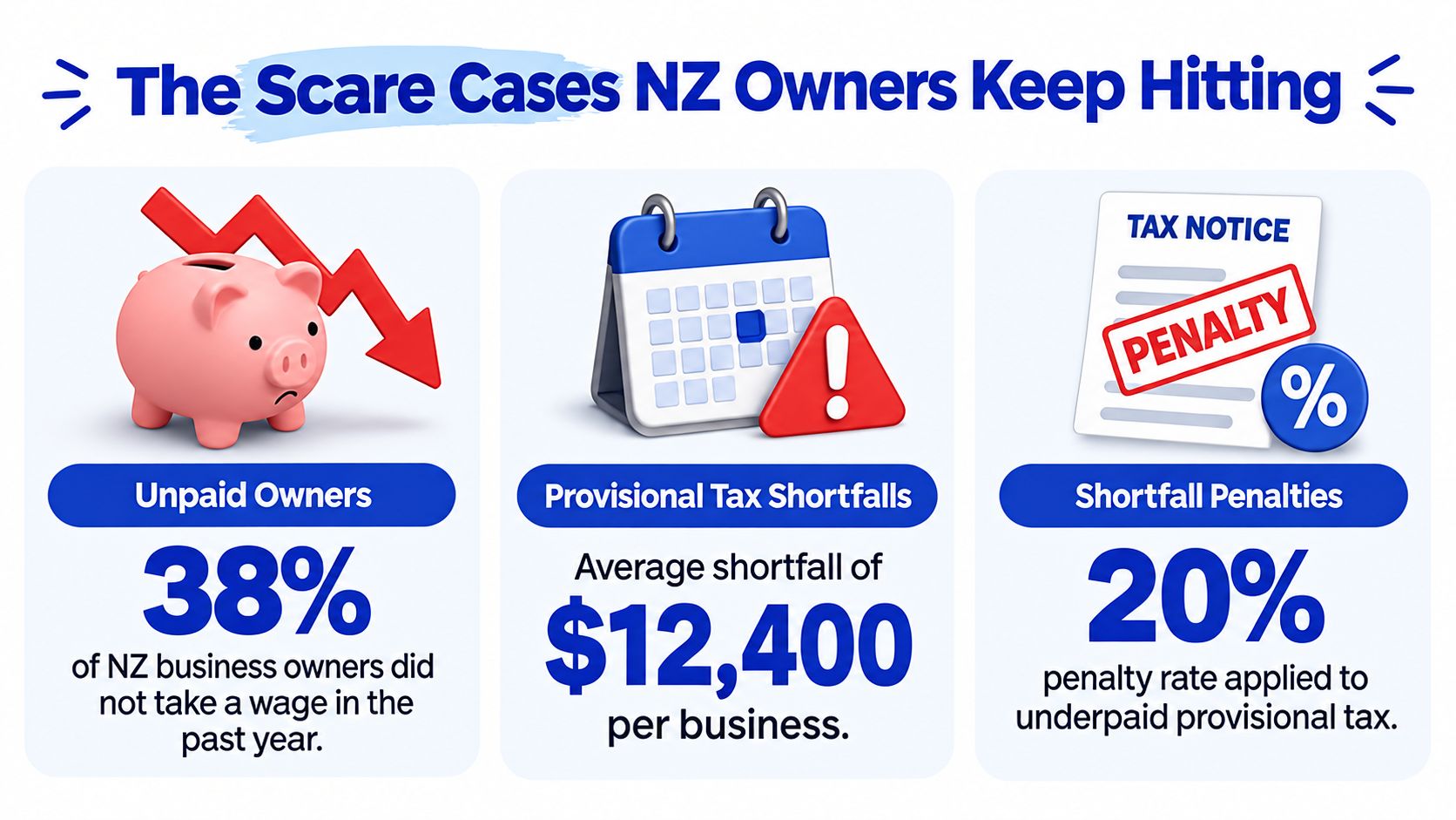 An infographic titled The Scare Cases NZ Owners Keep Hitting, highlighting unpaid wages, tax shortfalls, and penalties.