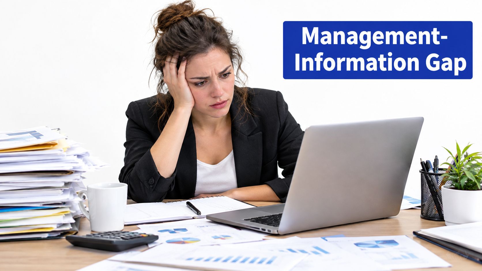 A stressed woman working at her desk with a laptop, surrounded by paperwork and financial charts.