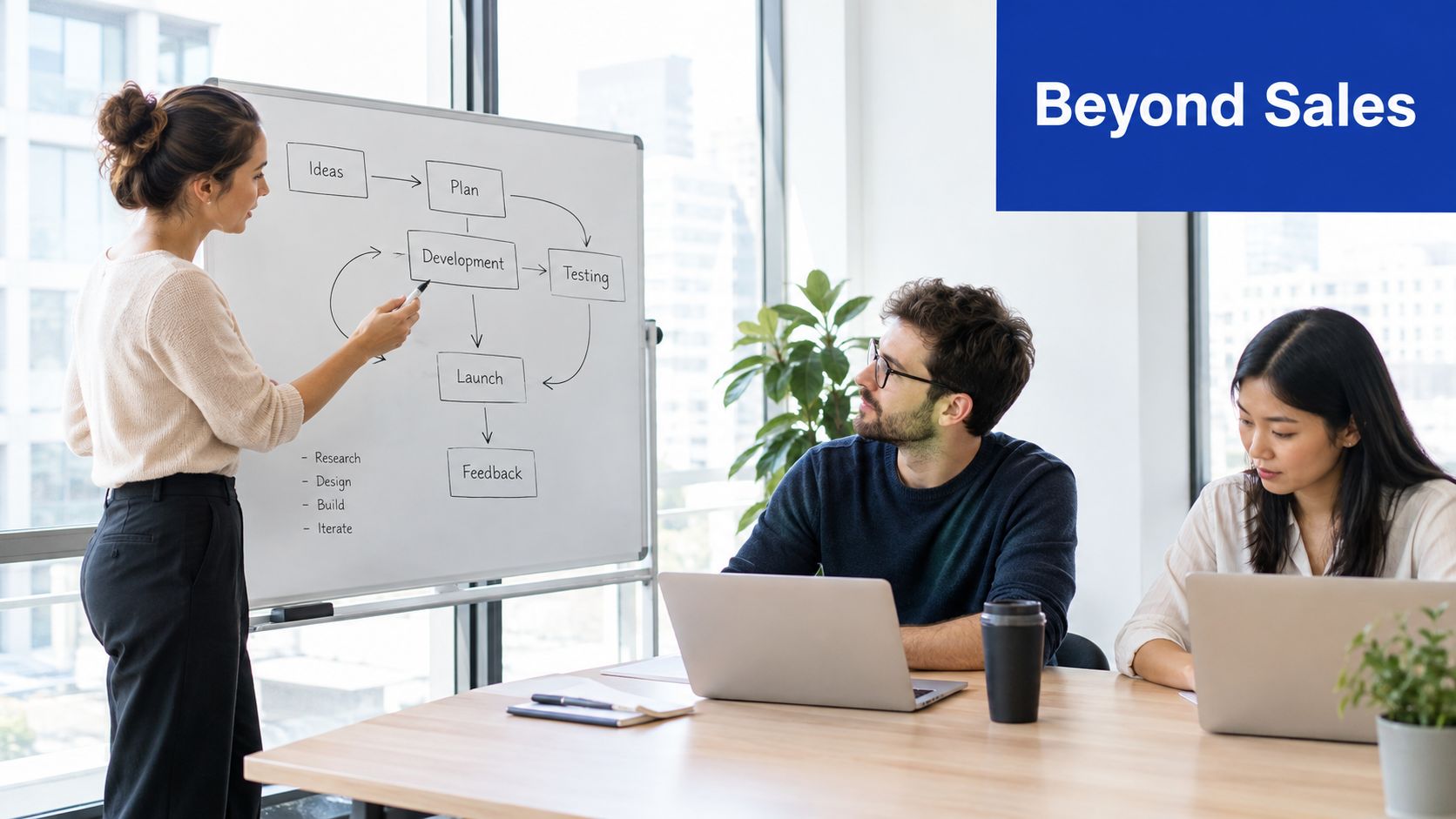 A businesswoman presenting a project development workflow on a whiteboard to her two colleagues in an office.