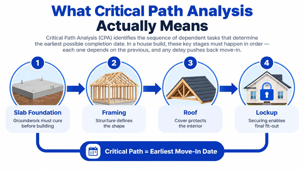 A diagram illustrating the four sequential stages of building a house as a critical path analysis model.