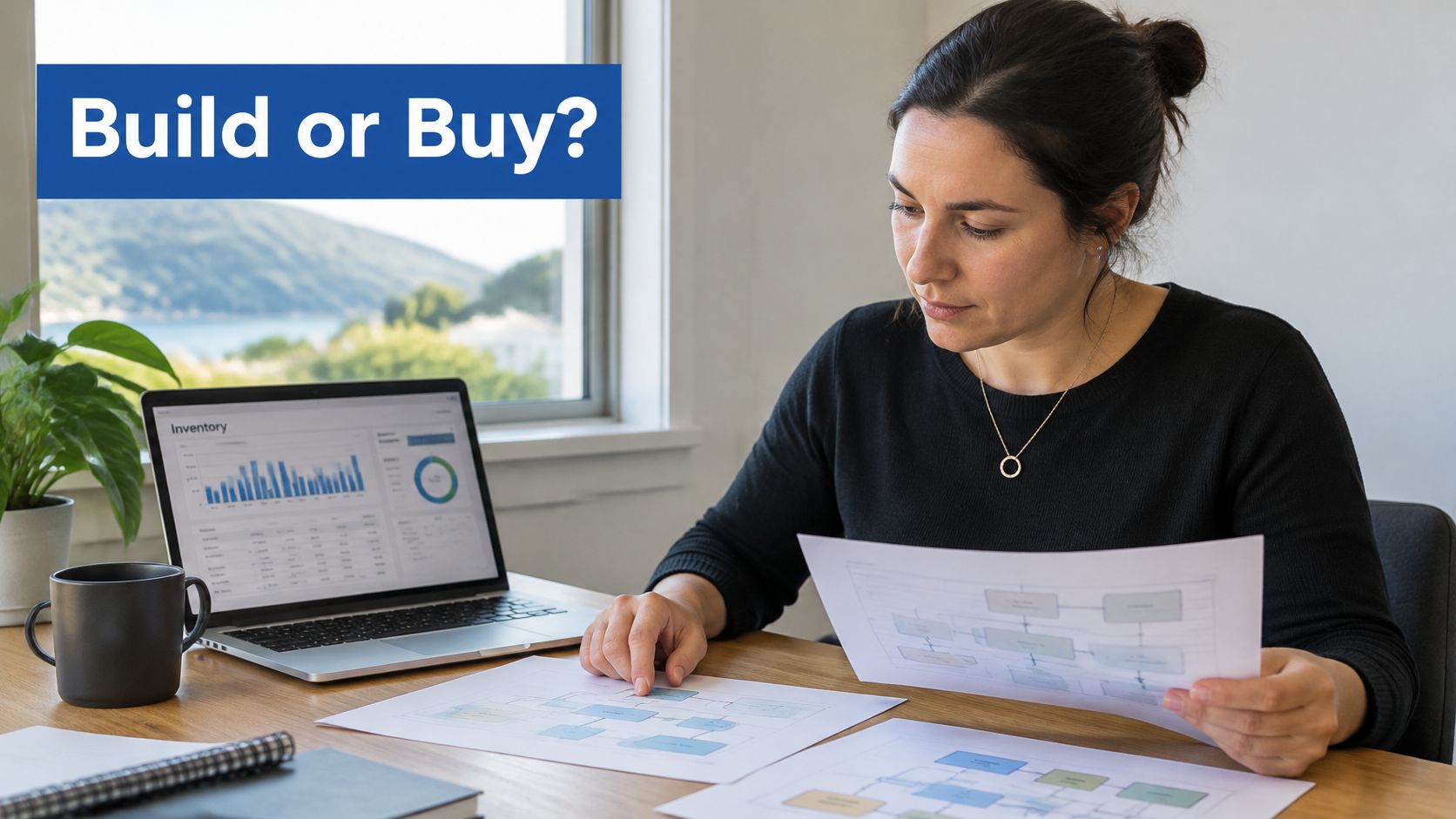 A professional woman in an office working with inventory management charts and business process flowcharts.