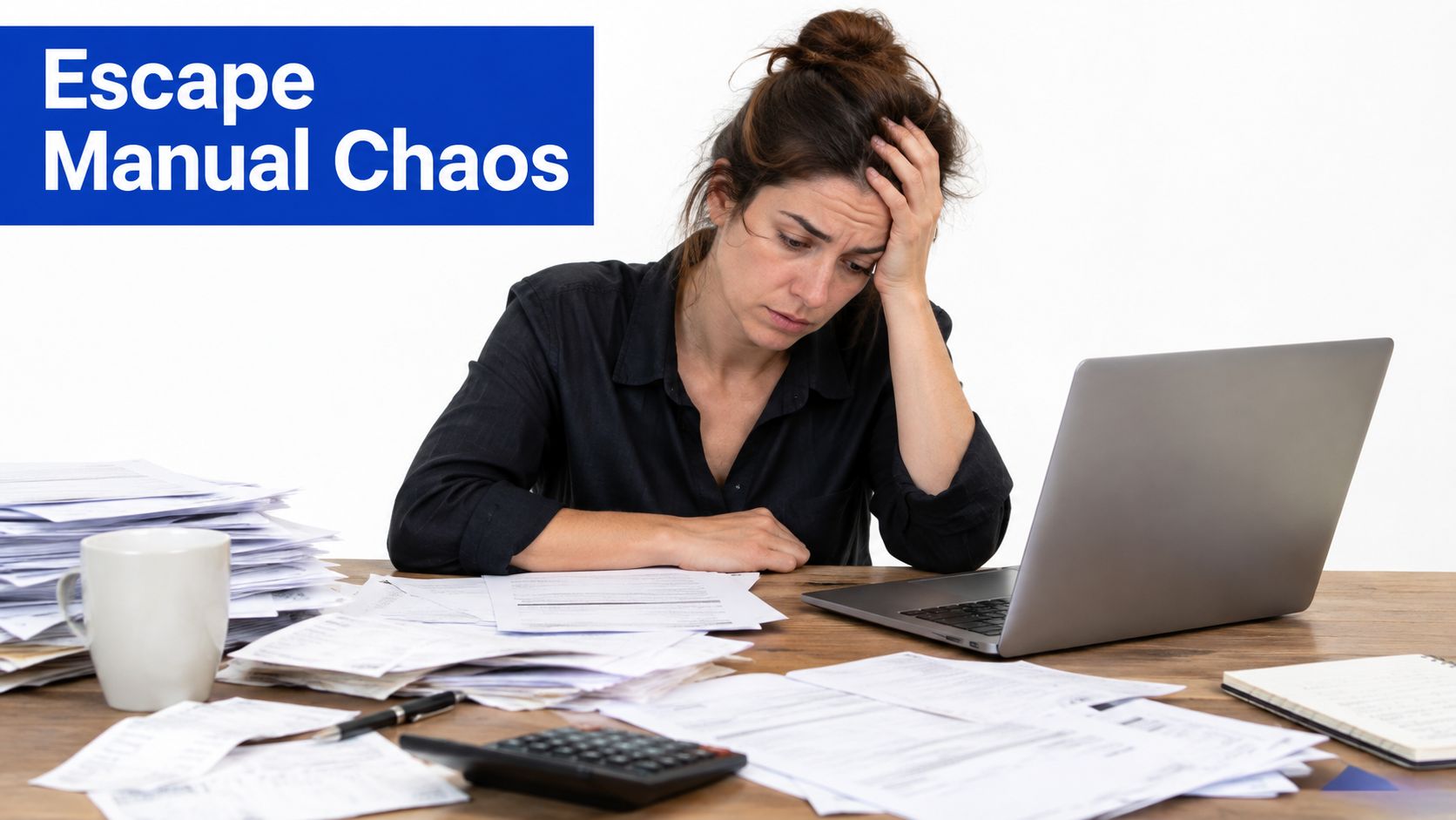 A stressed woman working at a messy desk with piles of paper, a laptop, and a calculator.