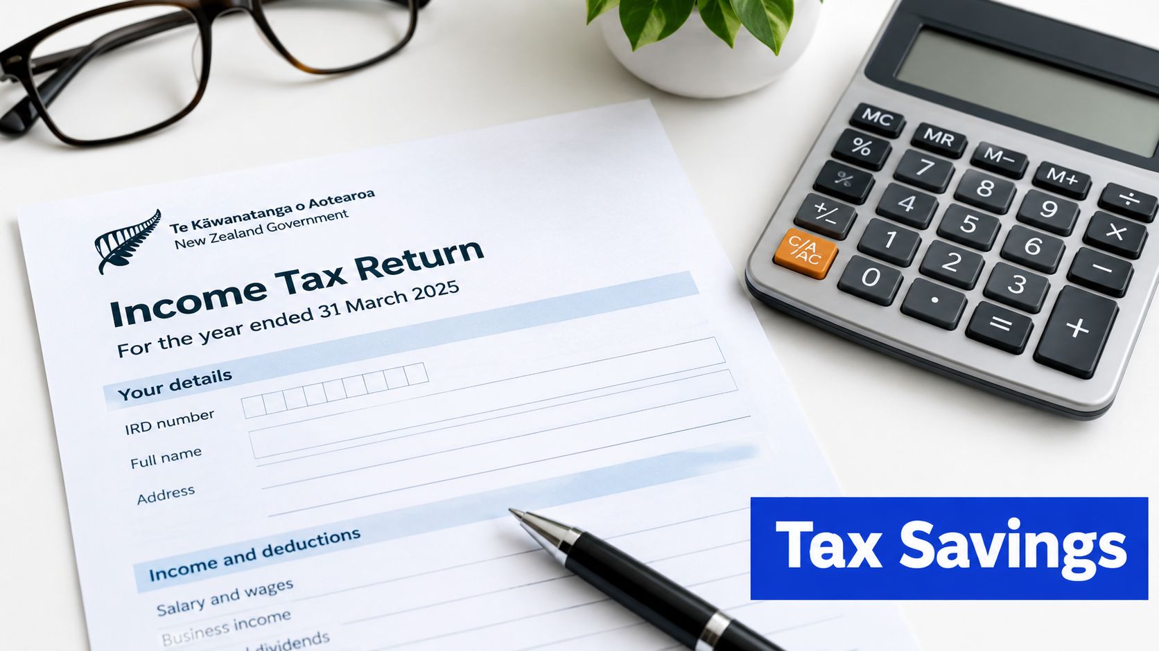 A New Zealand tax return document with a calculator, pen, and glasses on a white desk.