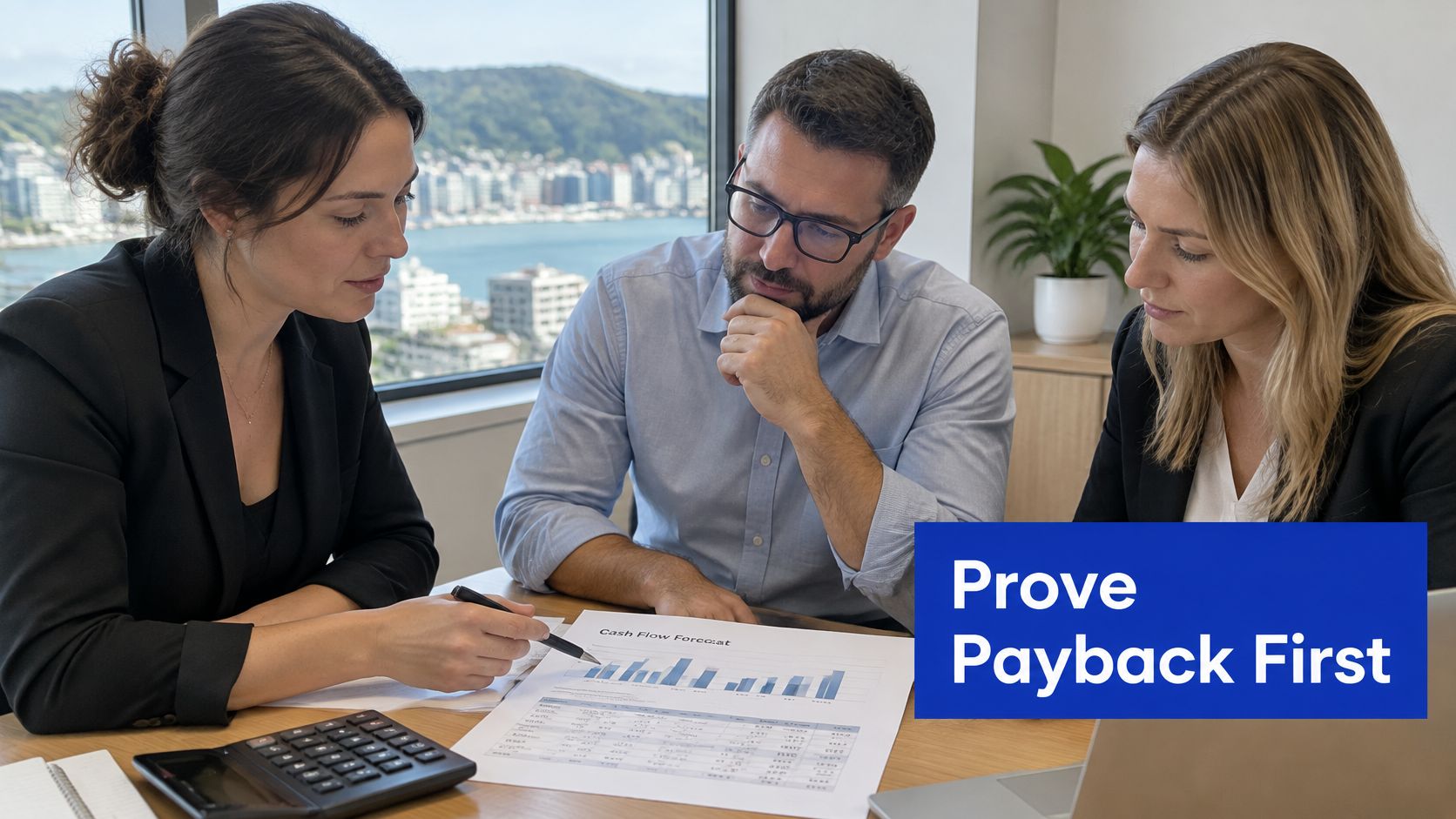 A professional business meeting where three colleagues discuss a cash flow forecast document on a desk.