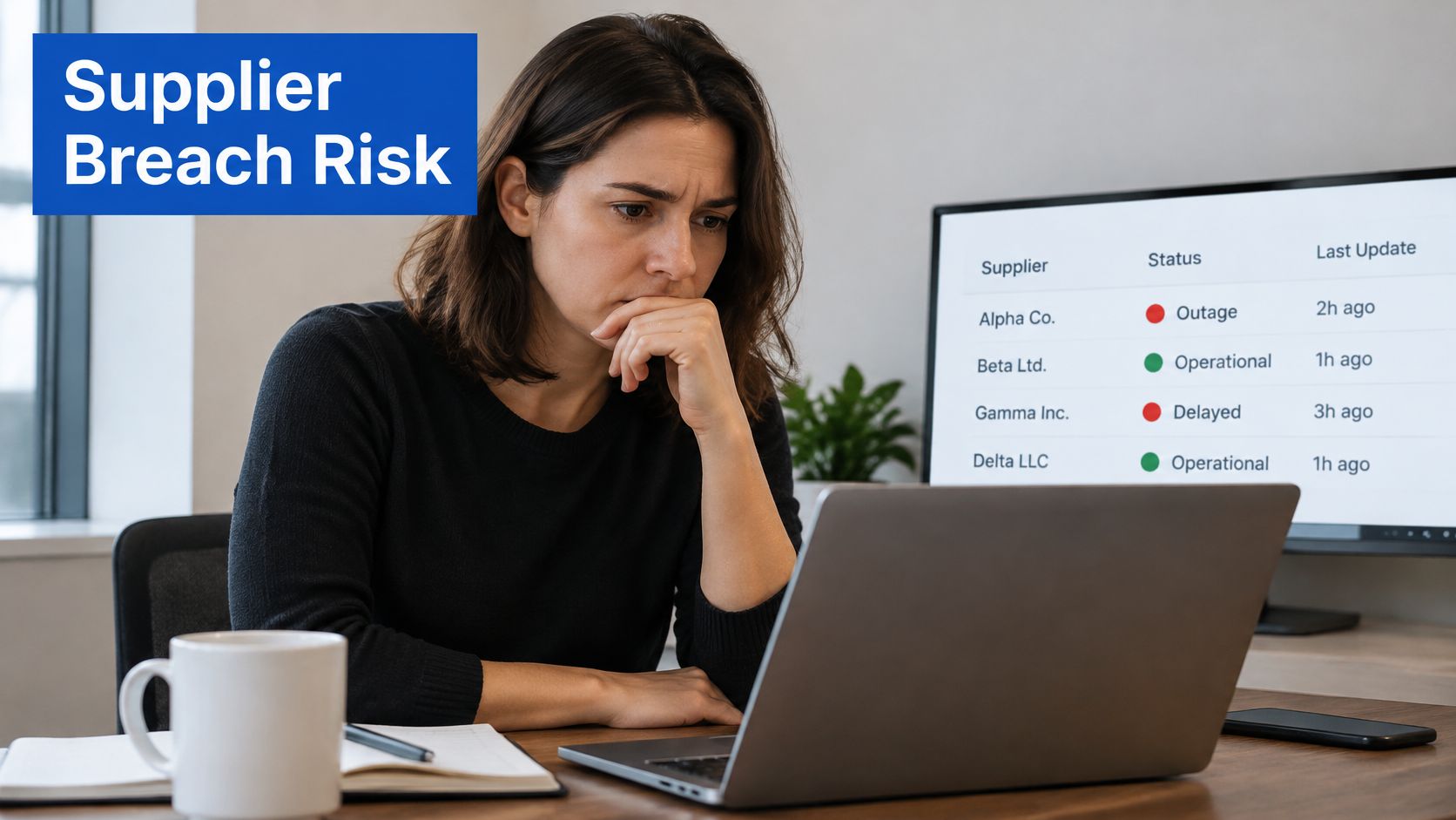 A concerned woman analyzing supplier breach risk data on a laptop and computer monitor in an office.