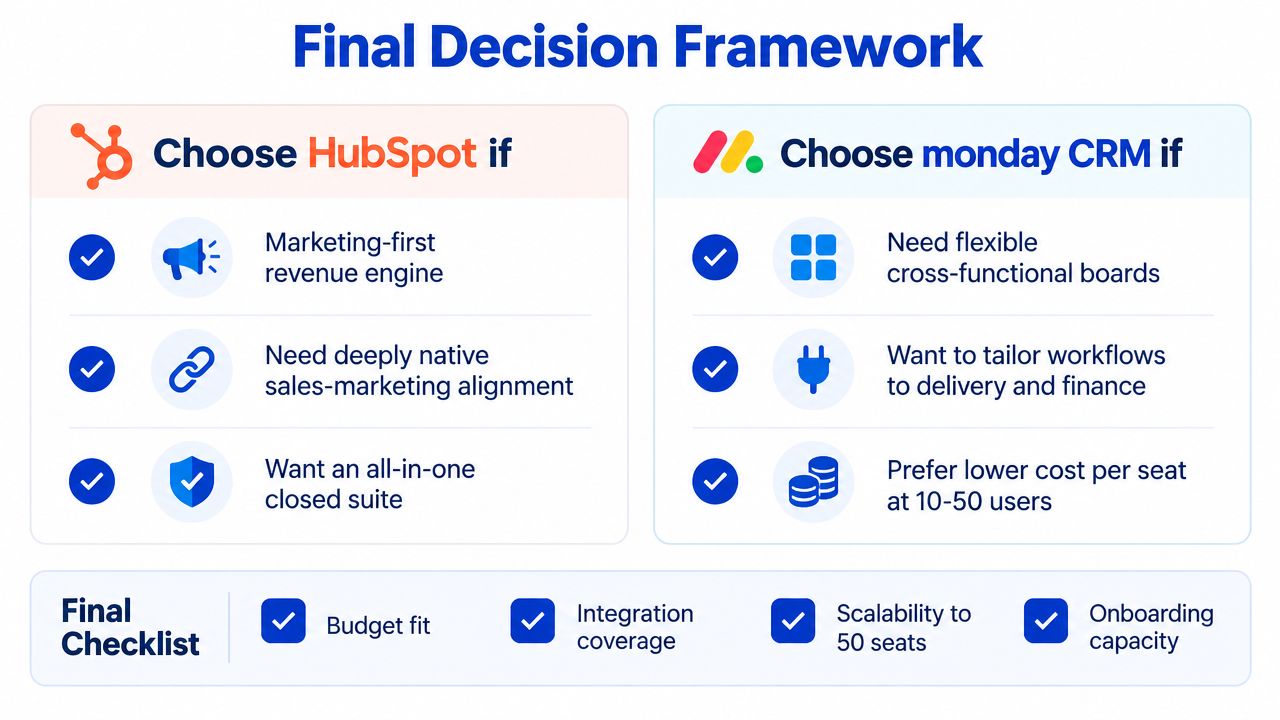 A decision framework chart comparing HubSpot and monday CRM to help choose the right software platform.