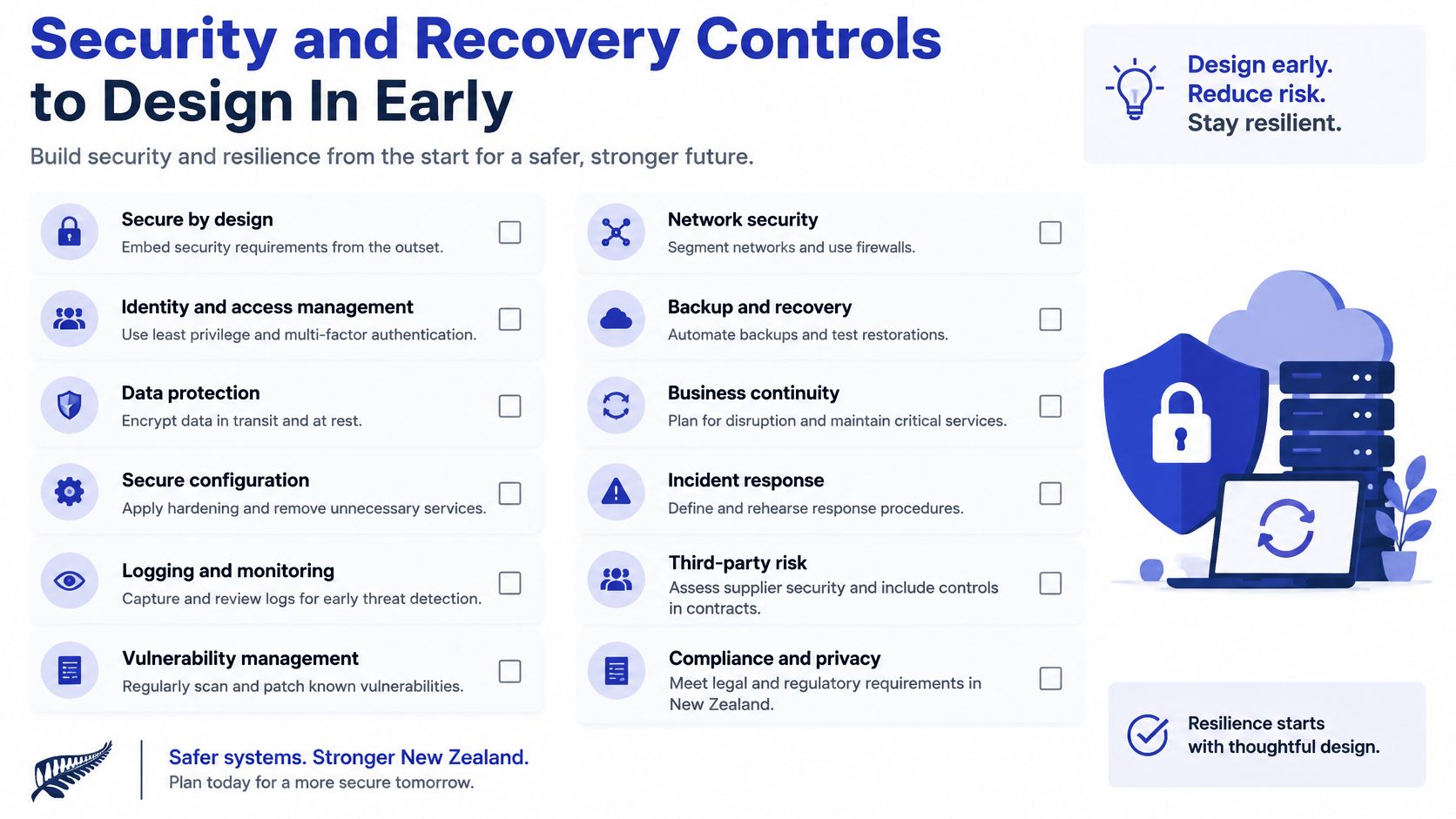 A checklist infographic detailing essential cybersecurity and recovery controls for designing secure systems and infrastructure.