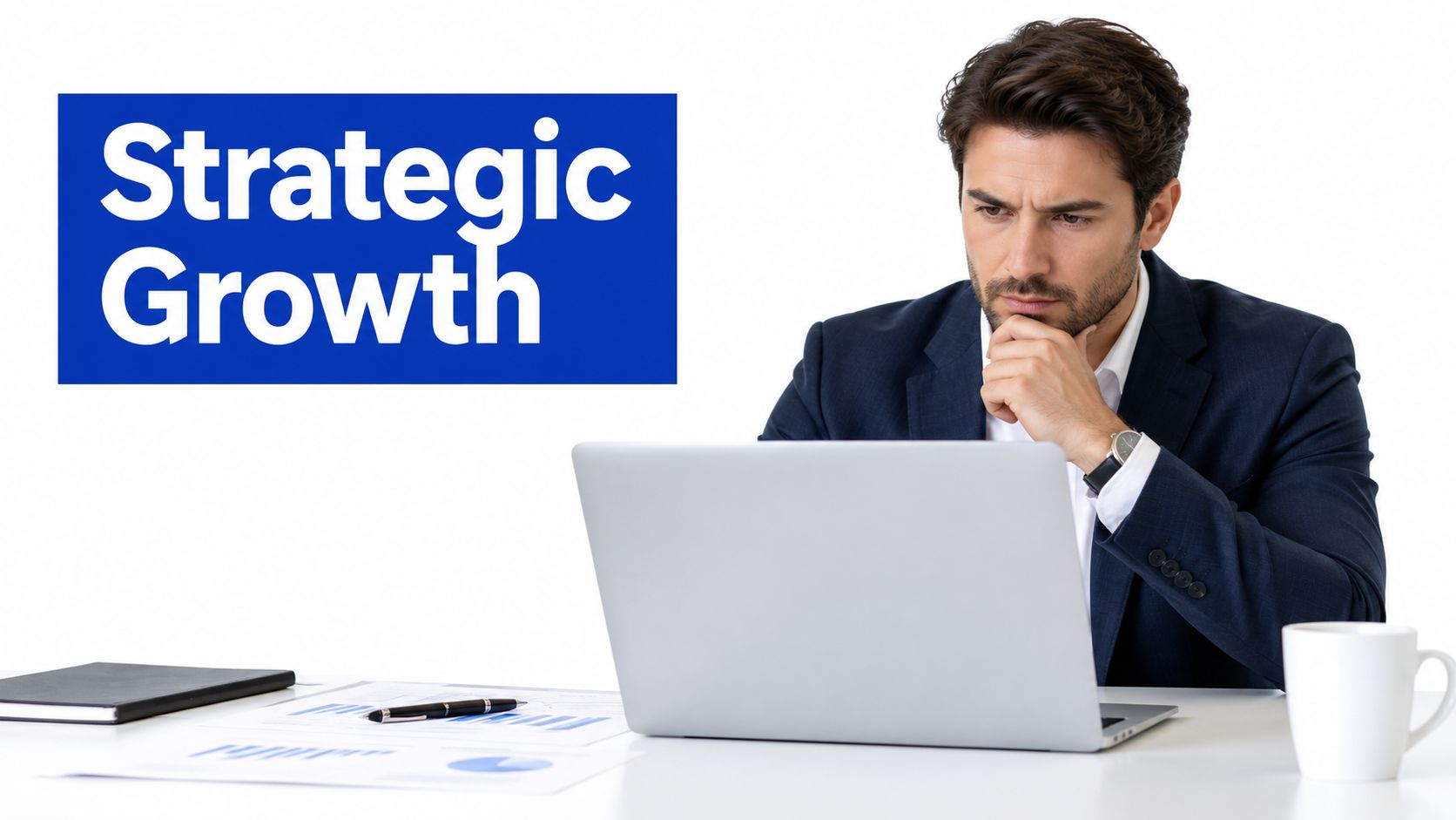 A professional man in a suit looking thoughtfully at his laptop with the words Strategic Growth displayed.
