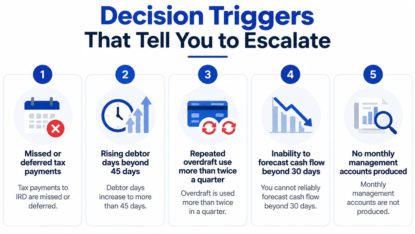 A diagram outlining five key decision triggers indicating when to escalate business financial management issues.