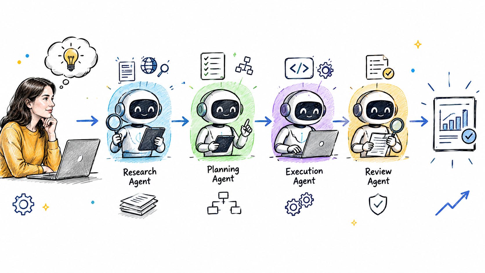 A woman using a laptop with four AI agents depicted in a multi-step software development automation workflow.