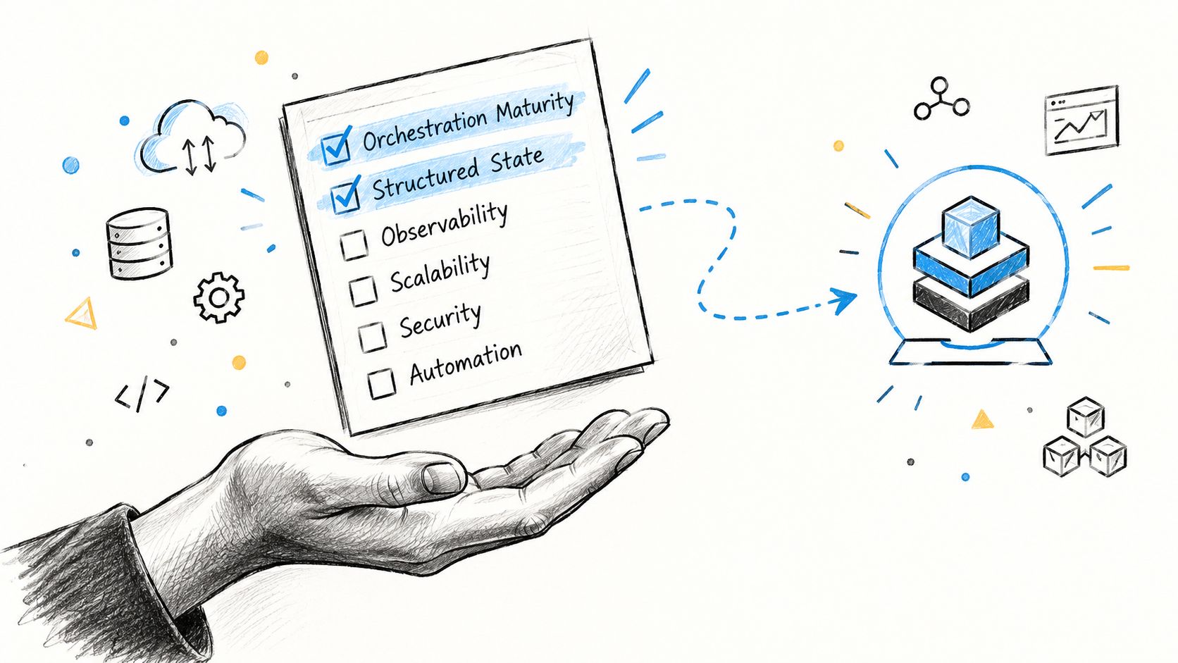 A hand holds a digital checklist about agent orchestration.
