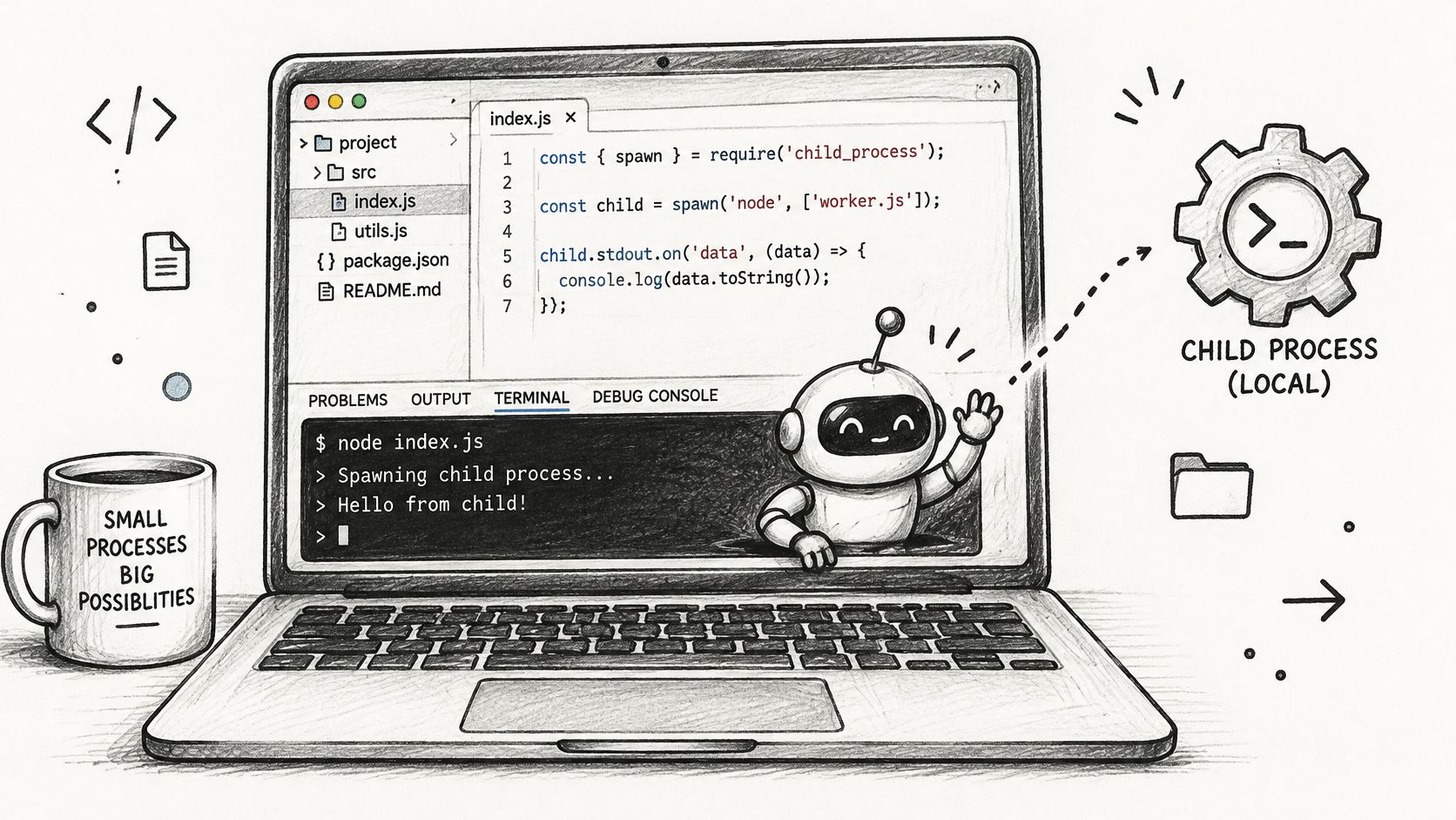 A hand-drawn illustration showing a laptop with code editor displaying a Node.js child process implementation.