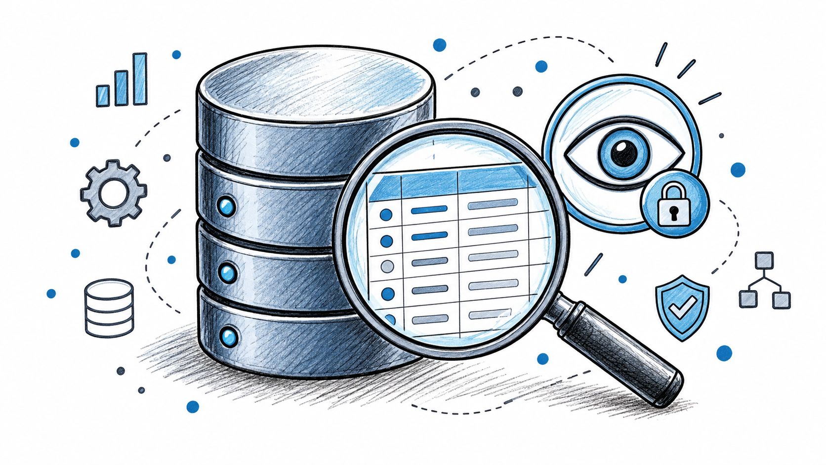 A hand-drawn illustration of a server database being analyzed through a magnifying glass with security icons.