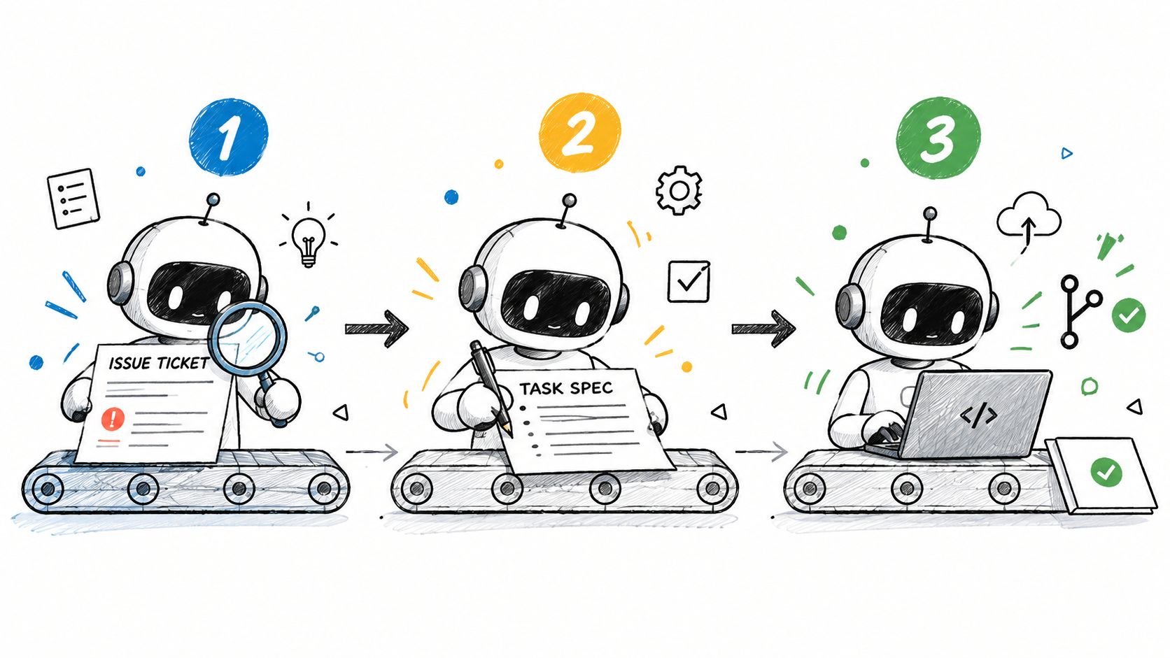 Three robots on a conveyor belt illustrating a workflow process for software development automation