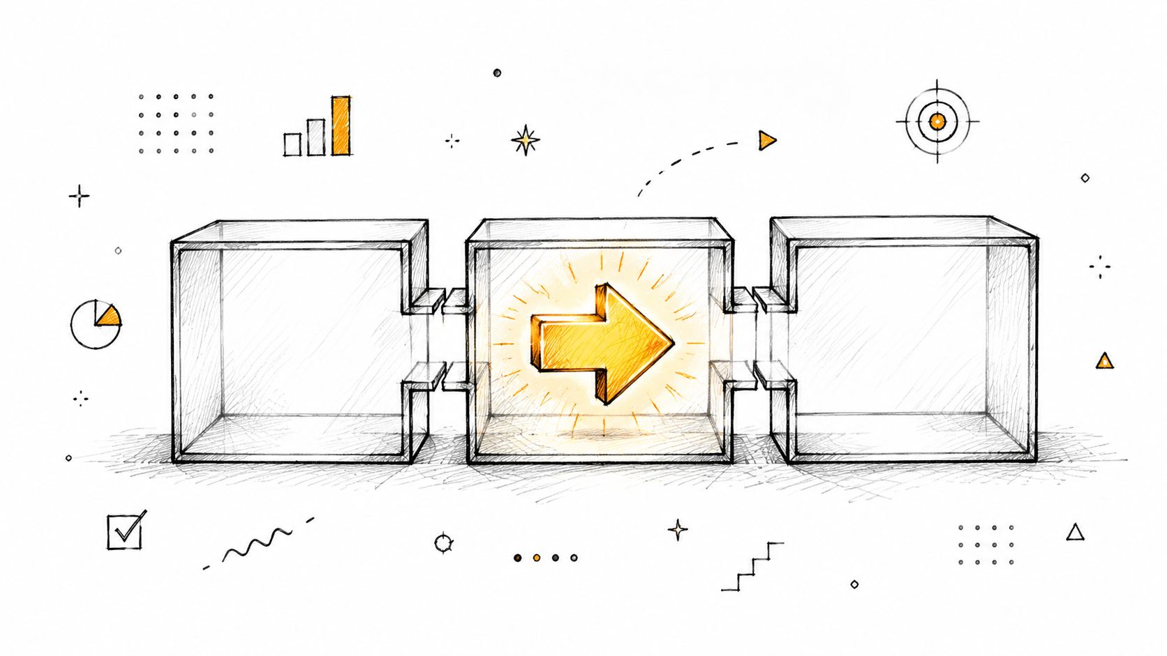 A hand-drawn illustration showing three open boxes connected in a row, with a glowing arrow in the center box.