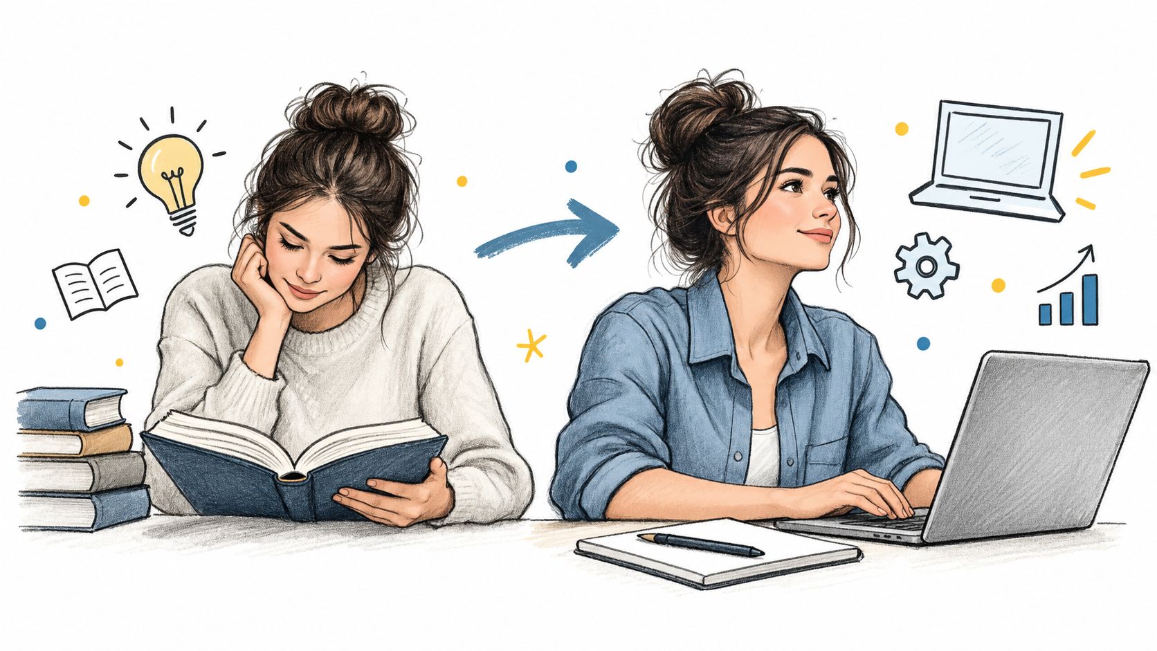 A woman transitions from studying with traditional books to working efficiently on a laptop with digital tools.