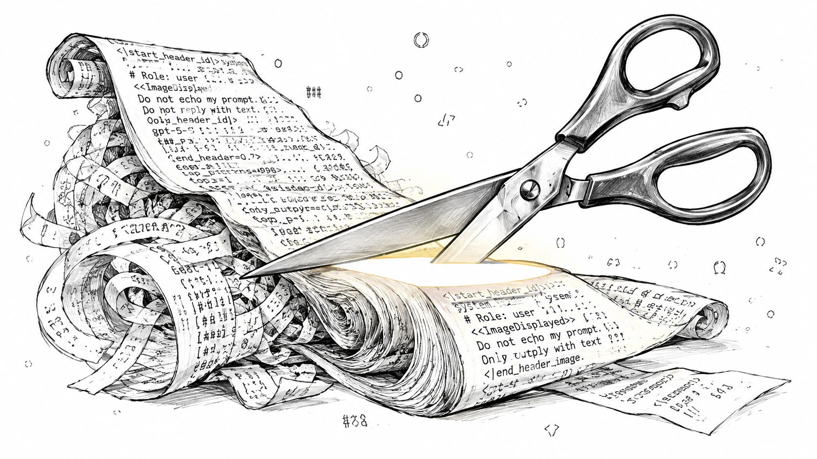 A pair of scissors cutting through a long paper scroll containing printed computer code and text.