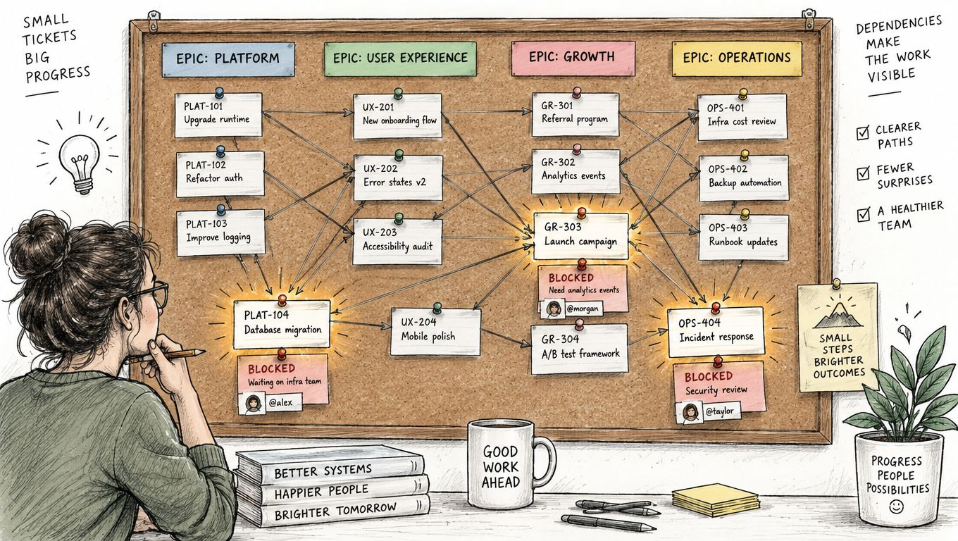 A woman looks at a corkboard displaying a complex project management workflow with interconnected sticky notes and tasks.