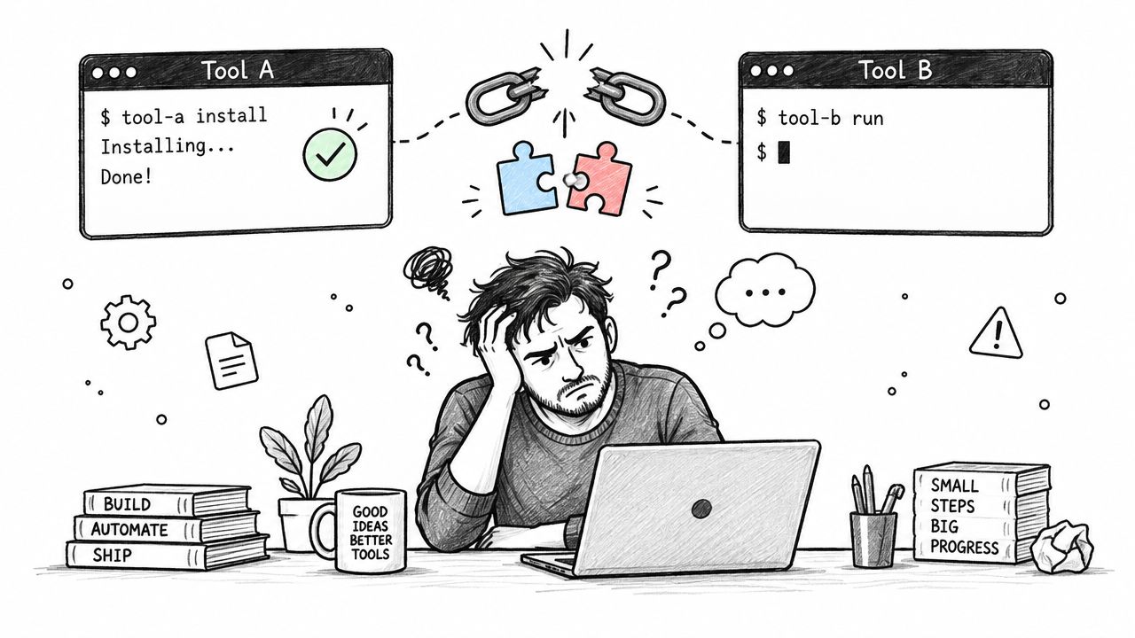 A frustrated developer sitting at a desk struggling to connect two incompatible software tools for coding.