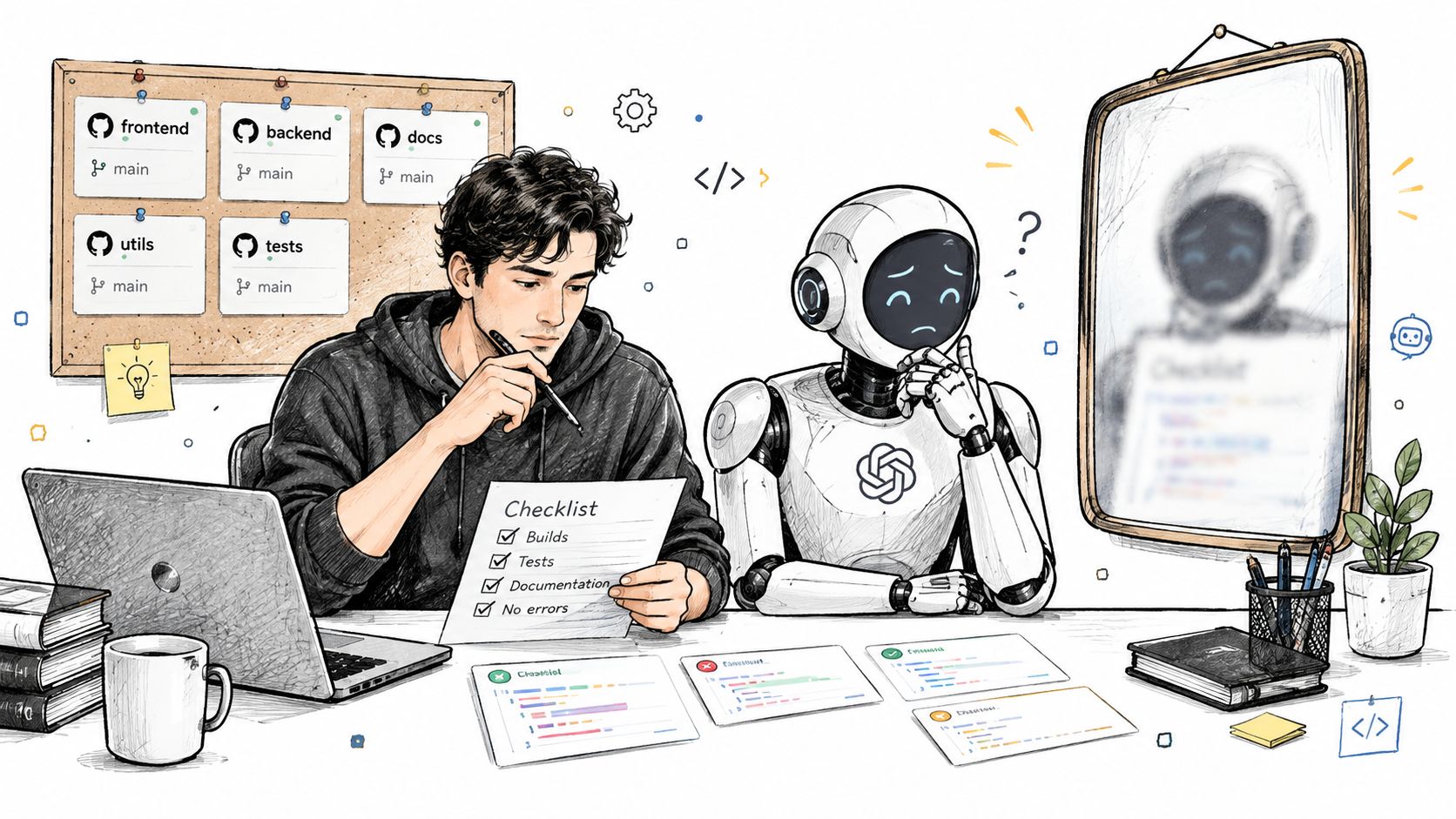 A person and a robot collaborating on software development tasks with code checklists and repository documents.