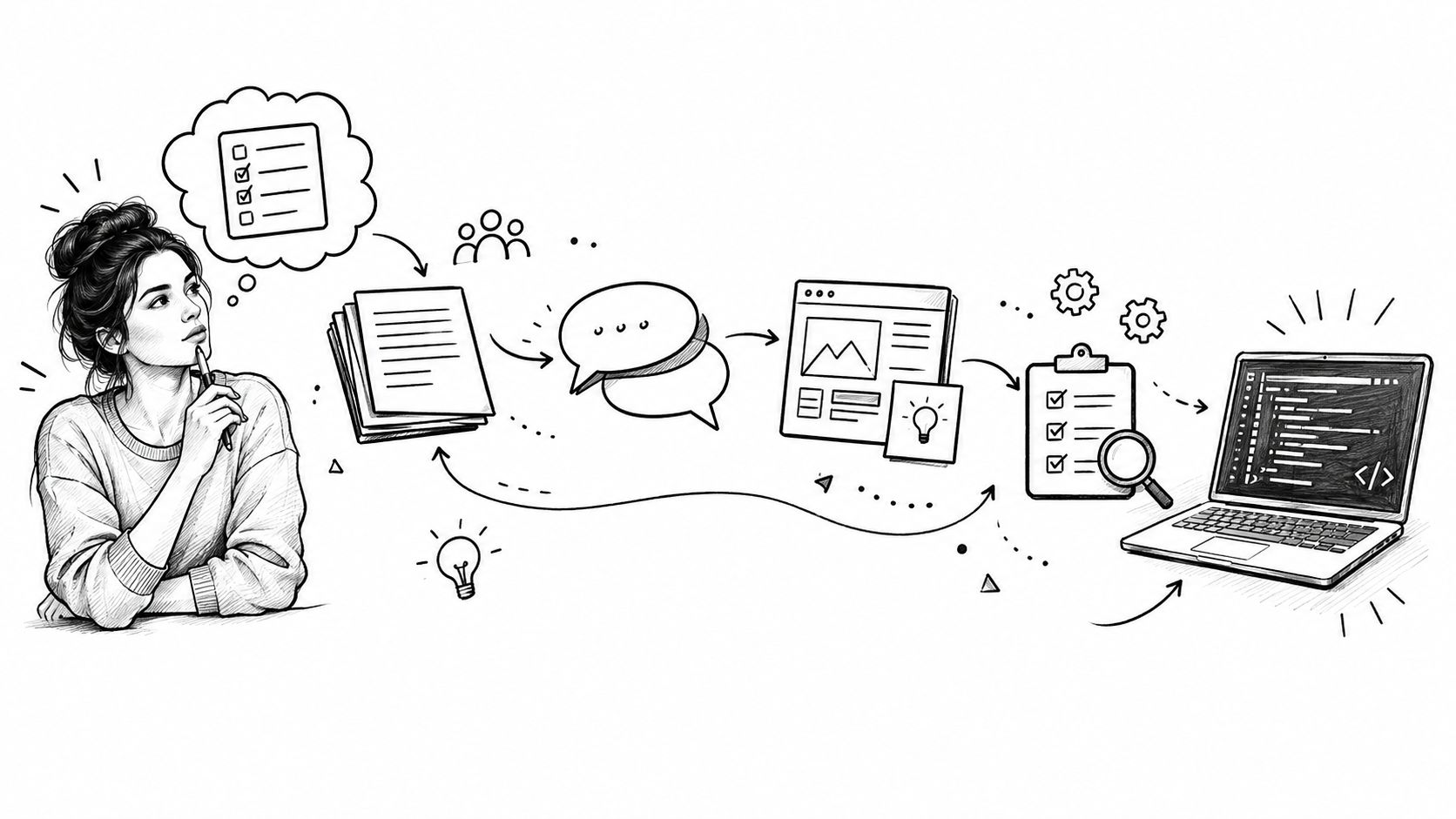 A hand-drawn illustration depicting the software development process, from requirements planning to final coding on a laptop.