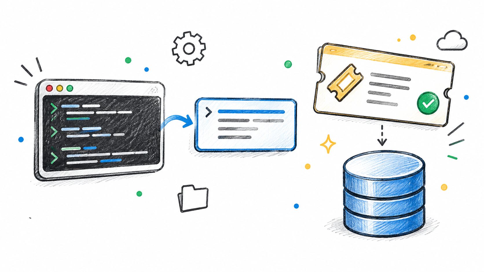 A hand-drawn illustration showing code being processed and transformed into a database entry icon.