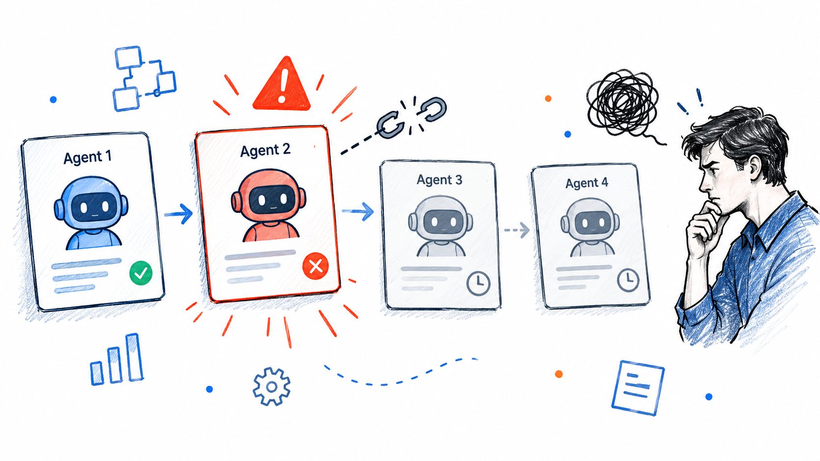 A hand-drawn illustration showing a multi-agent AI workflow with one agent failing and requiring human oversight.