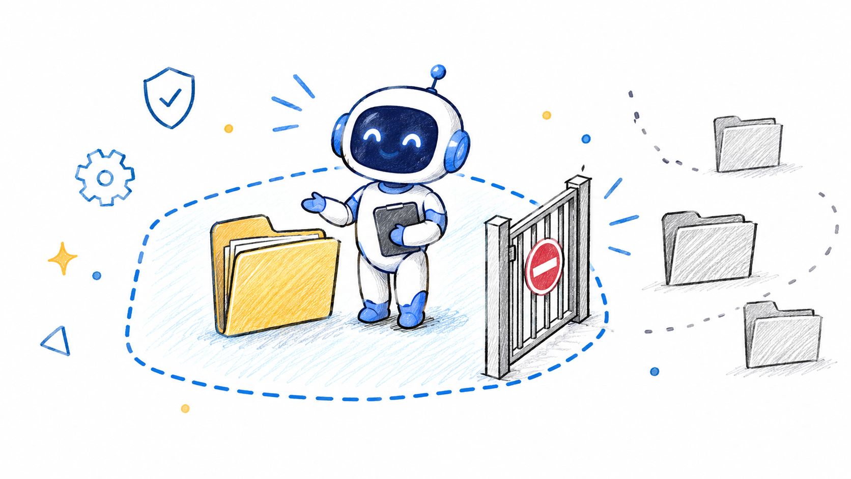A friendly robot managing digital folder permissions behind a secure gate illustration for access control concepts.