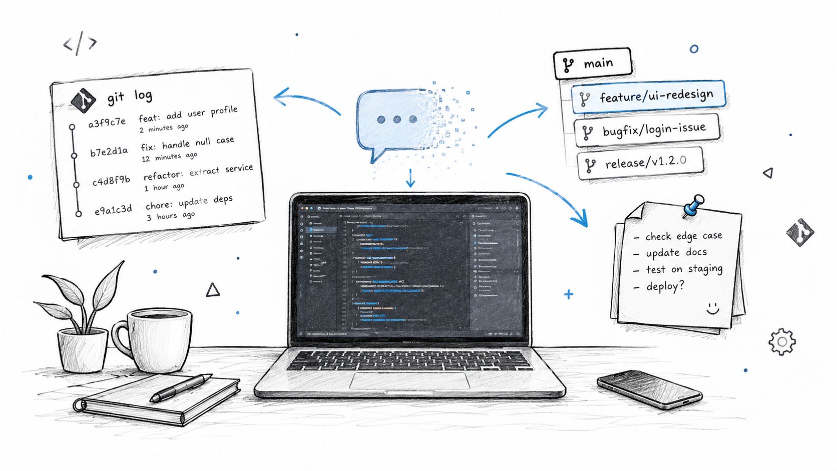 A hand-drawn illustration showing a developer's workspace with code, git logs, and project management tasks.