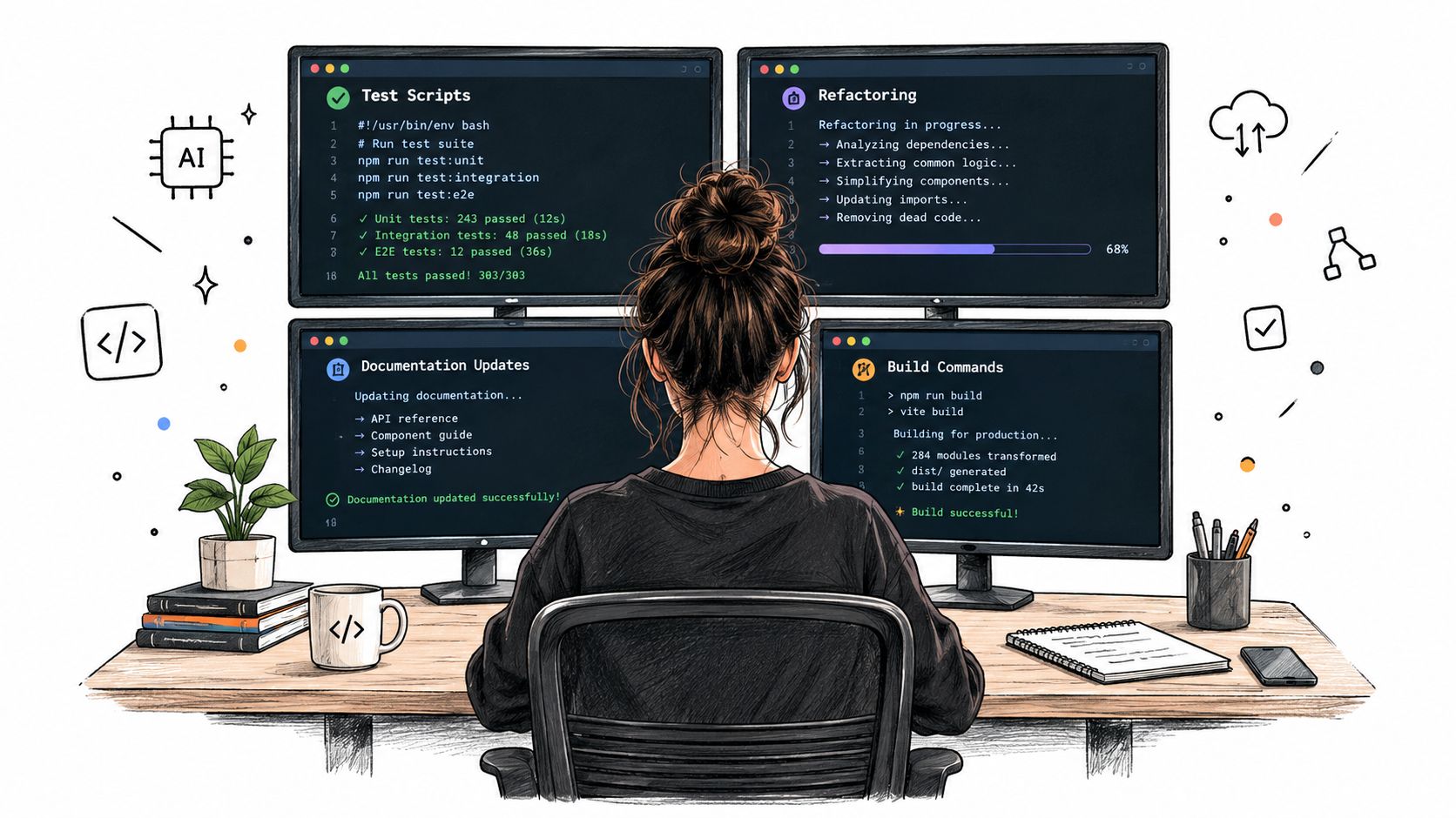 A digital illustration of a woman working at a multi-monitor desk on agent-based software development tasks.