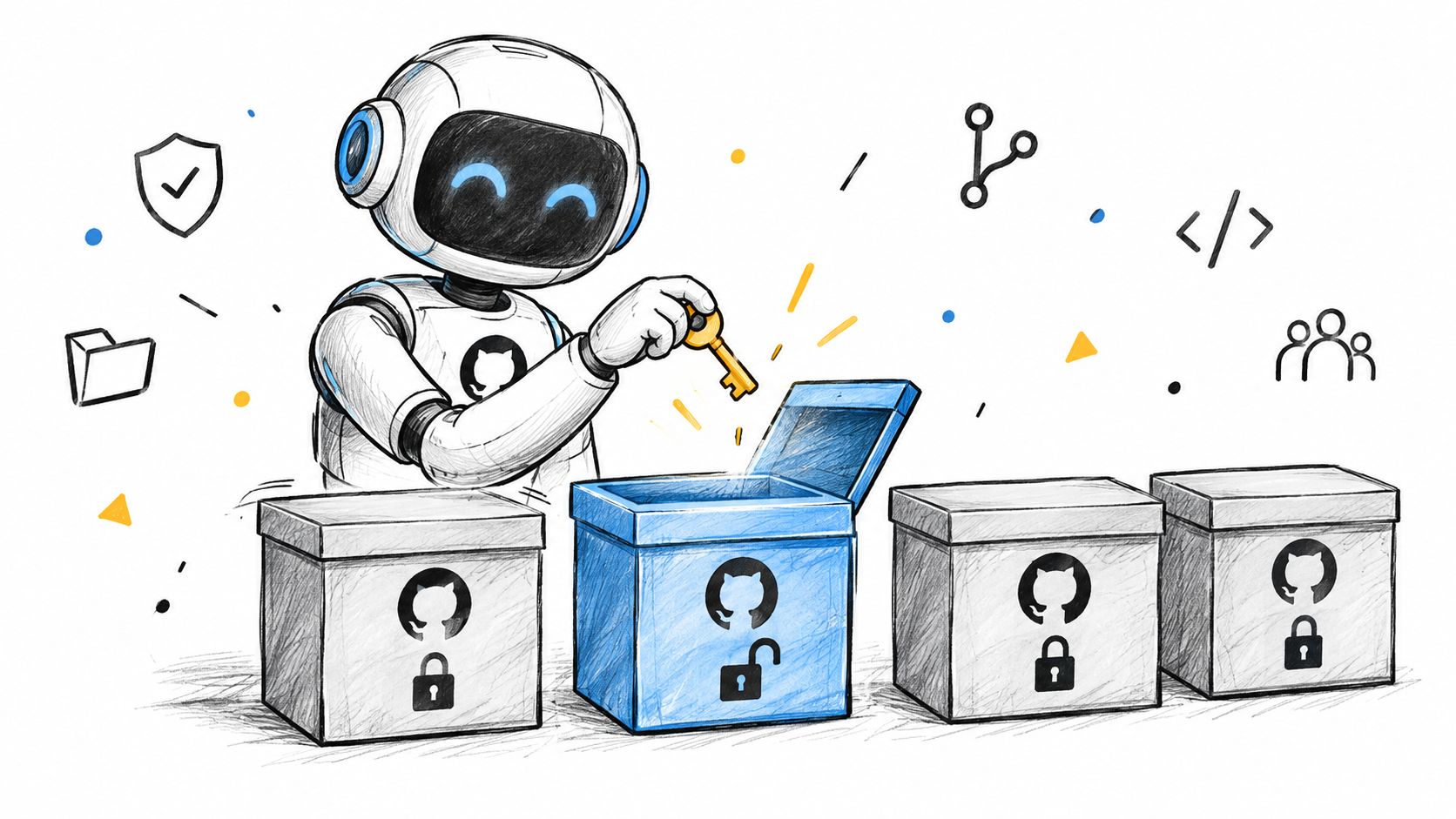 A friendly robot holds a key above an open blue box featuring a GitHub logo icon.