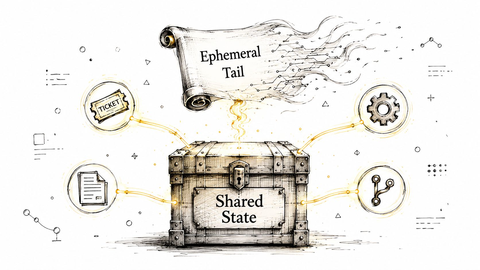 A digital illustration showing a treasure chest labeled Shared State connected to an Ephemeral Tail scroll.