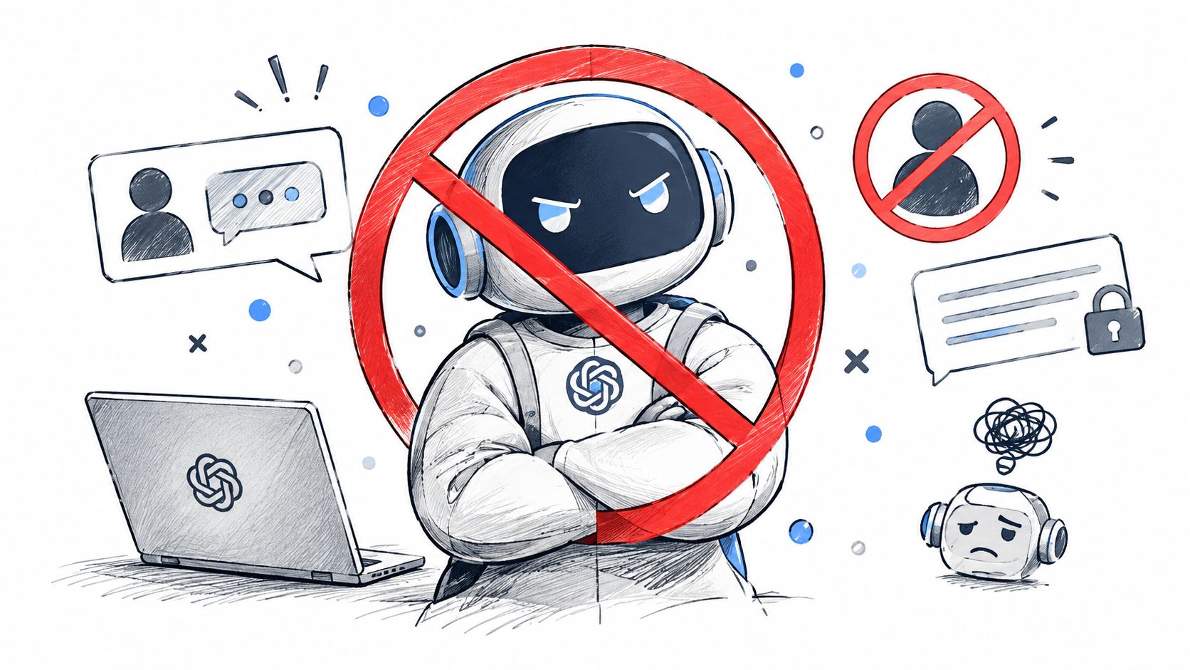 A hand-drawn illustration depicting a stern robot blocked by a red prohibition sign near a laptop.