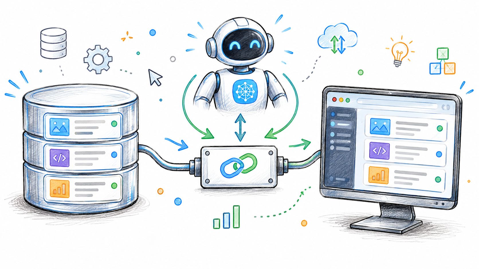 A hand-drawn illustration depicting a robot connecting data sources to a user interface via an MCP protocol.
