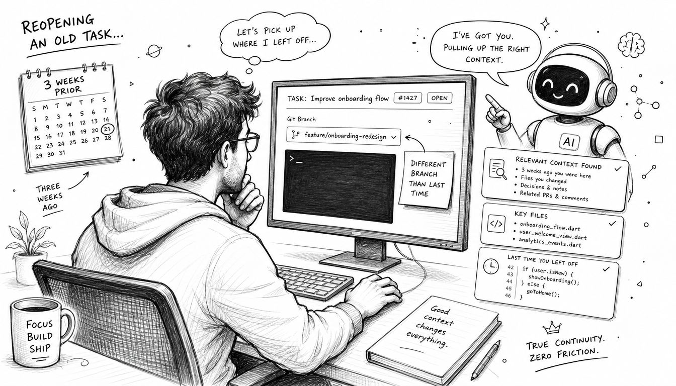 A developer working on code while an AI assistant helps recall context from three weeks ago.