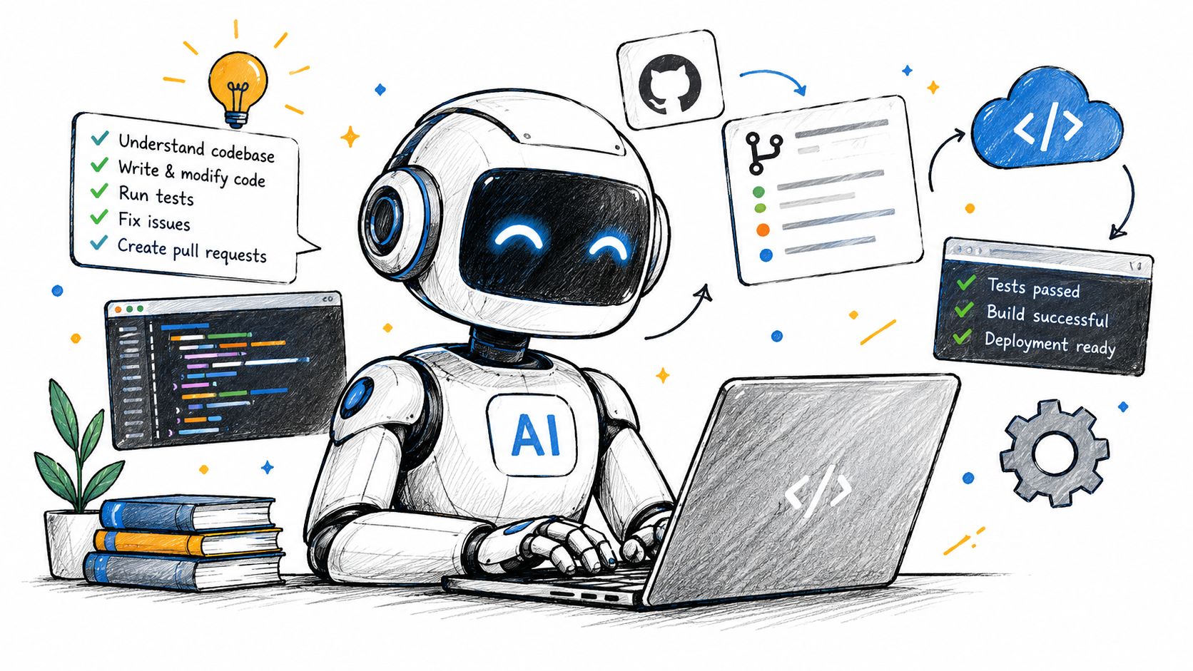 A friendly AI robot coding on a laptop, illustrating automated software development tasks like testing and deployment.