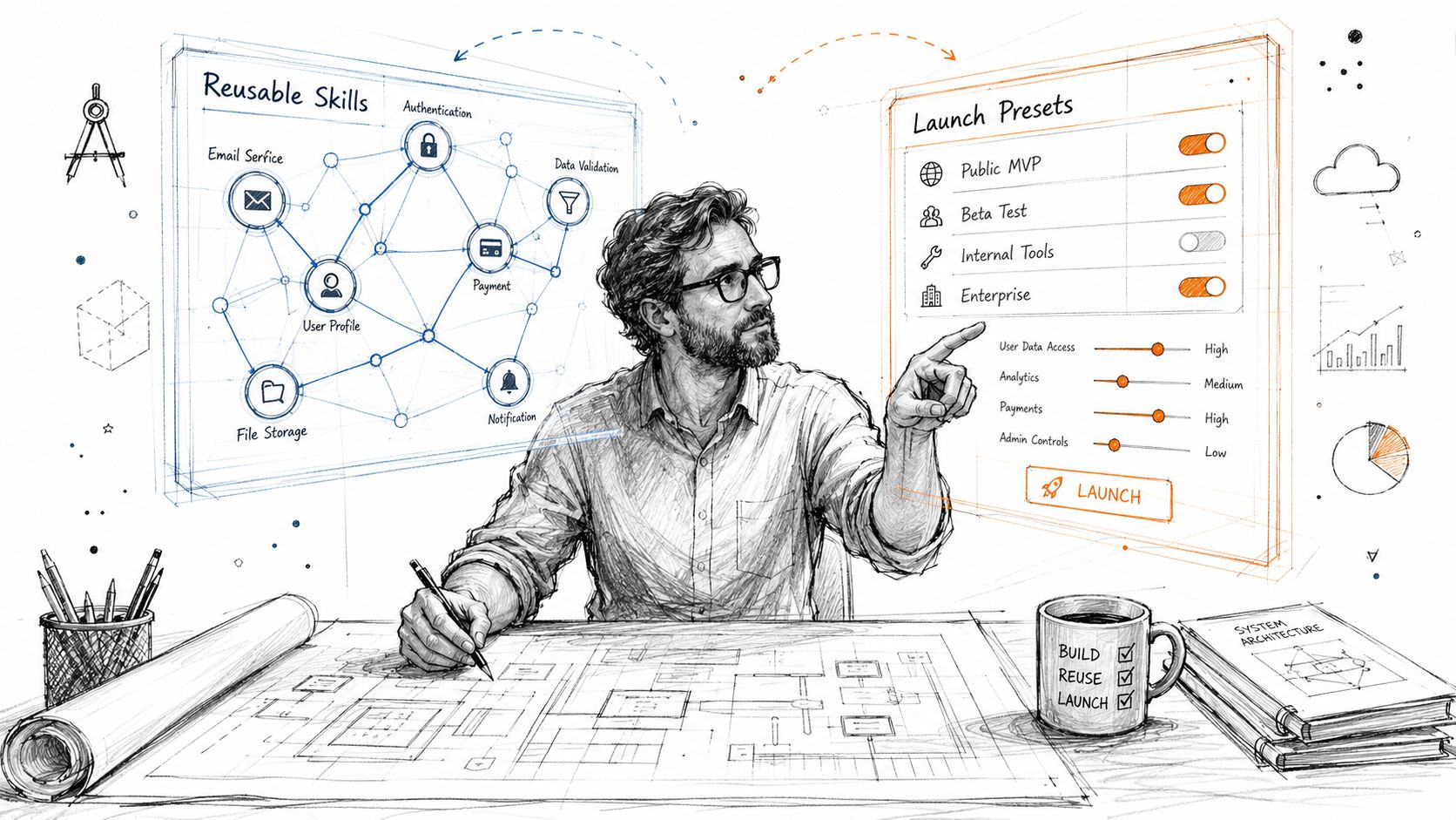 A professional software engineer planning system architecture with interactive digital interfaces for reusable skills and launch presets.