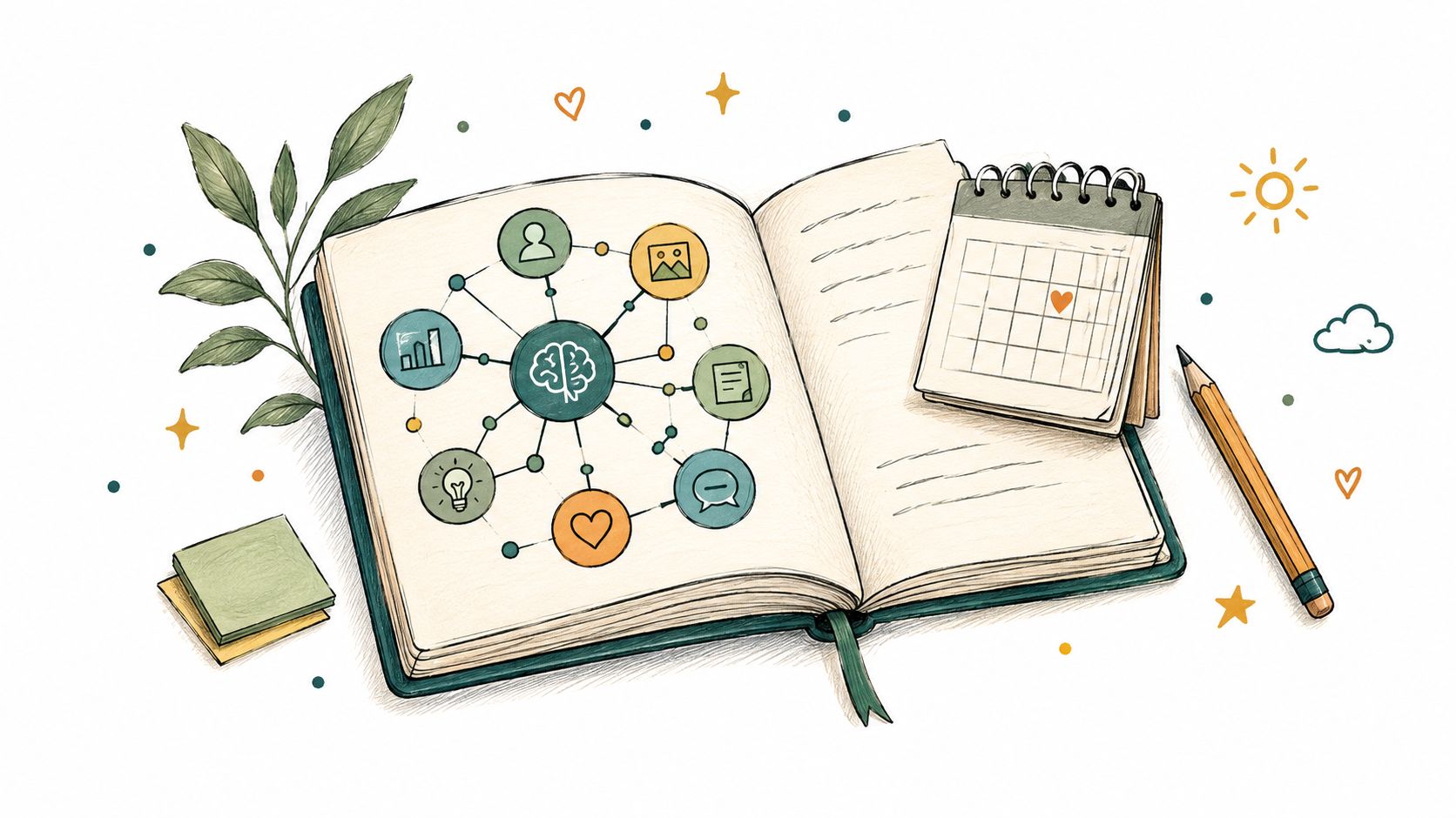 An open notebook with a hand-drawn mind map diagram, a small desk calendar, and a pencil nearby.