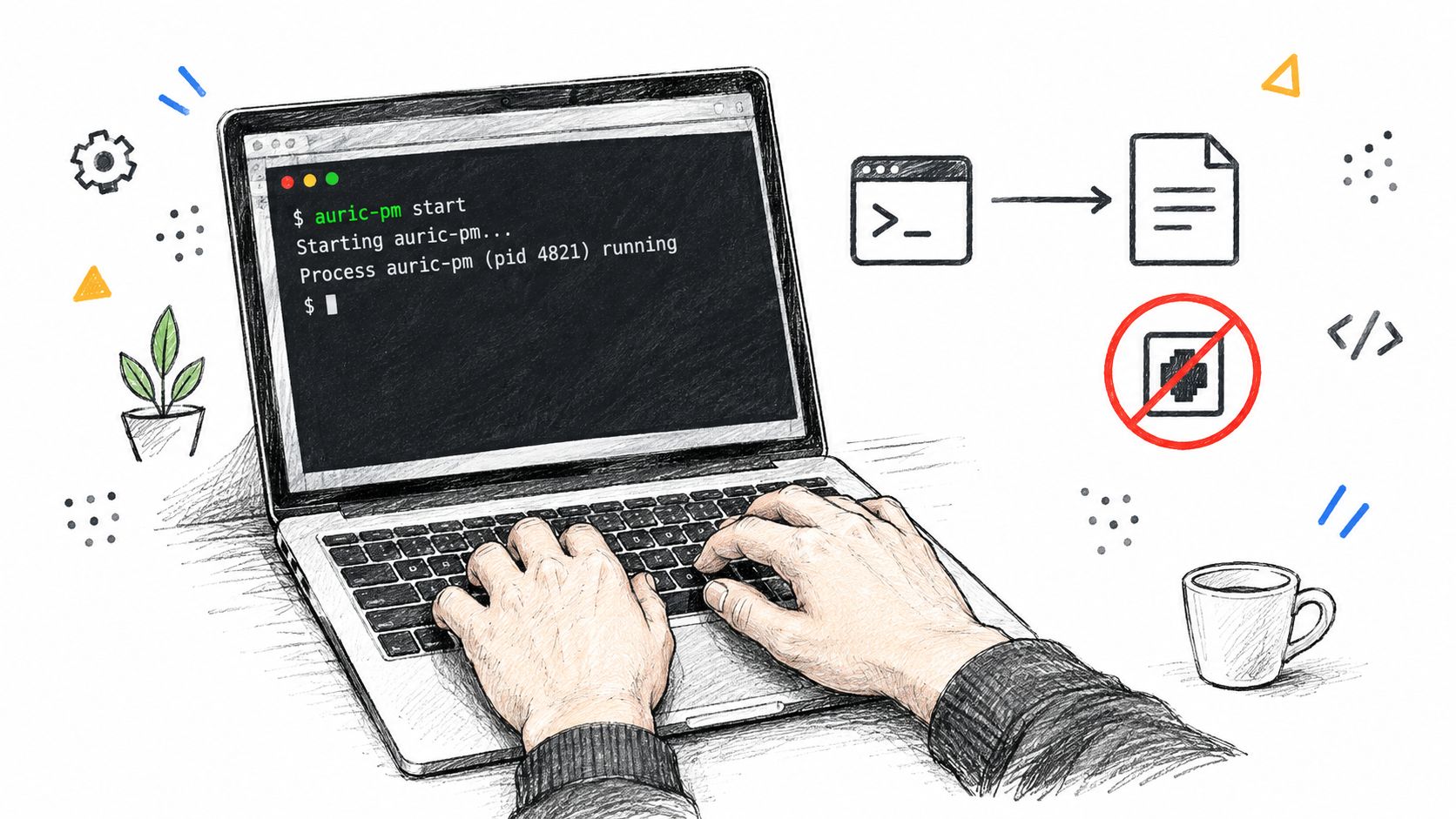 A hand-drawn sketch of a developer working on a laptop with command line interface and icons.