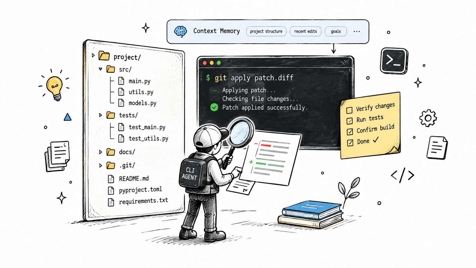An AI CLI agent inspects code changes in a project folder while confirming tasks like testing and building.