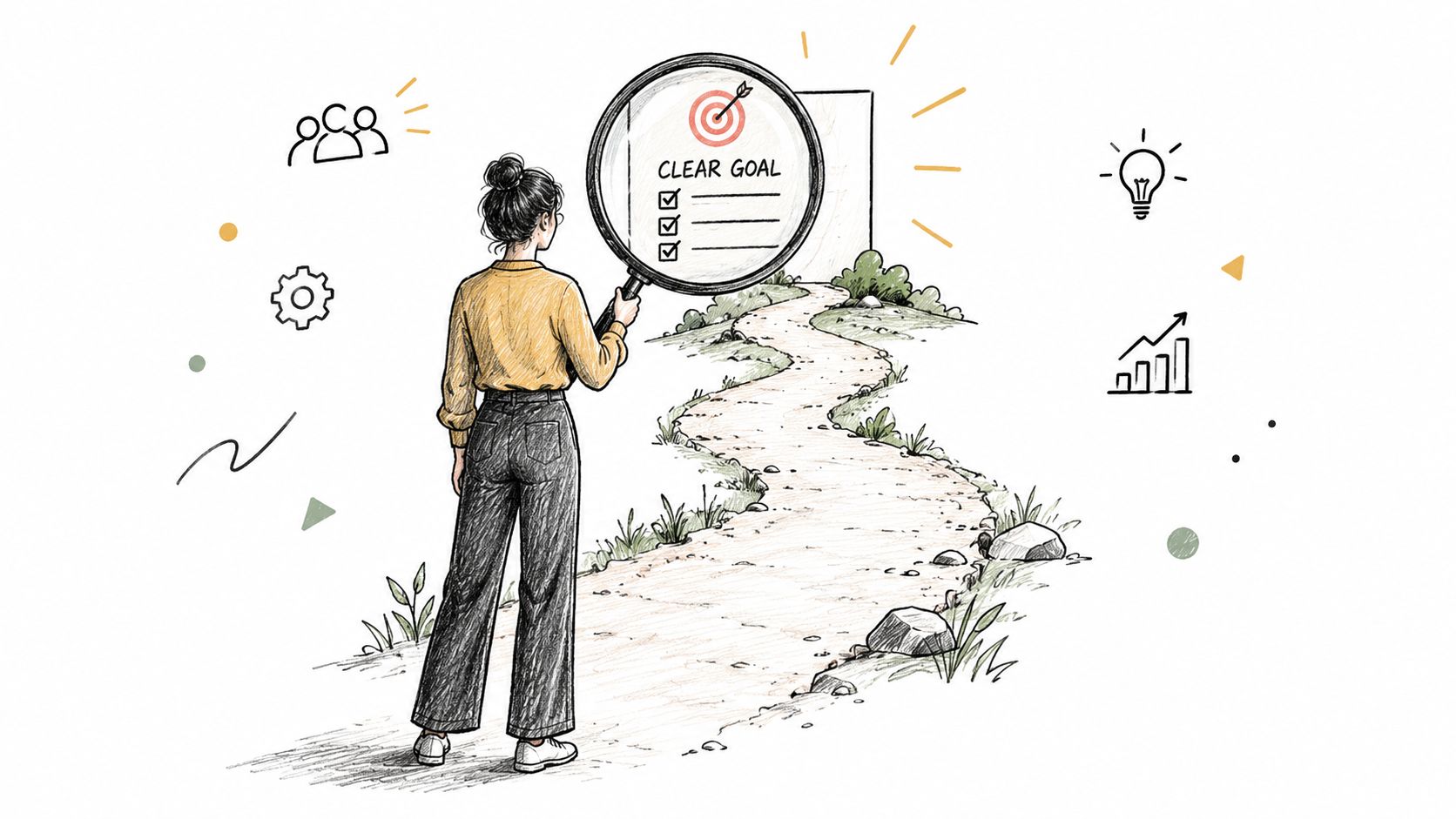 A woman looks through a magnifying glass at a target with clear goals along a winding path.