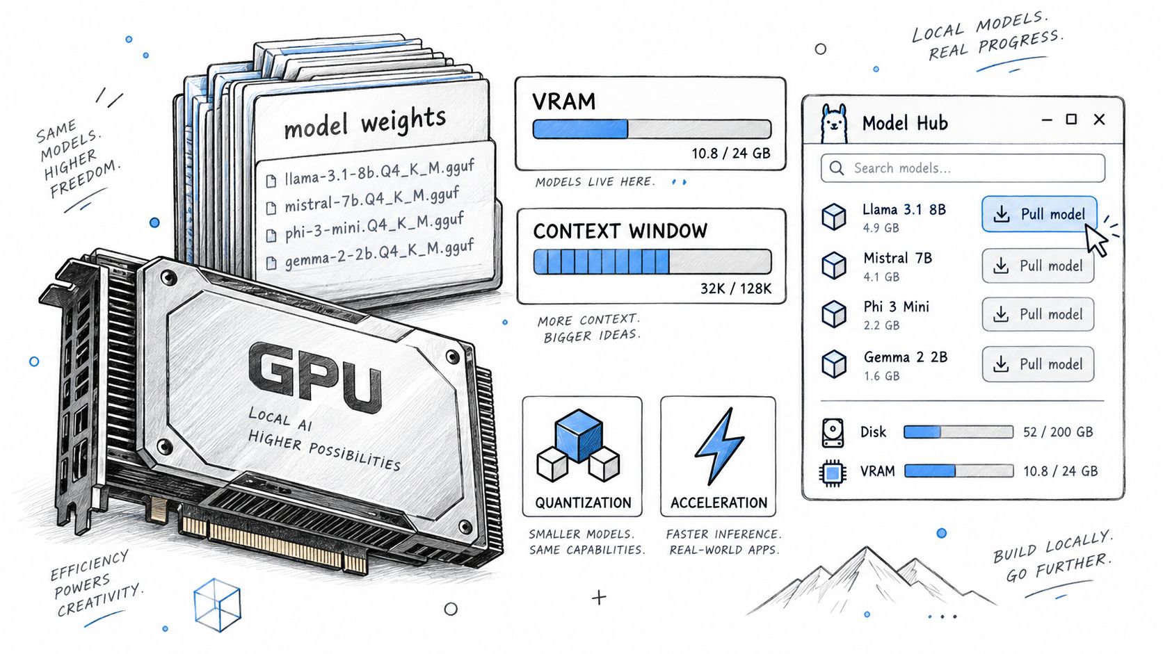 A hand-drawn illustration depicting a GPU, model weights, and a software hub for local AI processing.