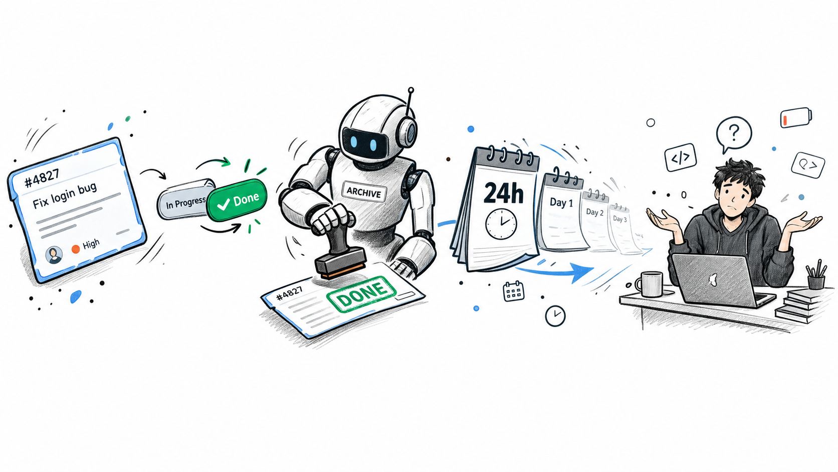A digital illustration showing a developer workflow automated by a robot handling task management and archiving.