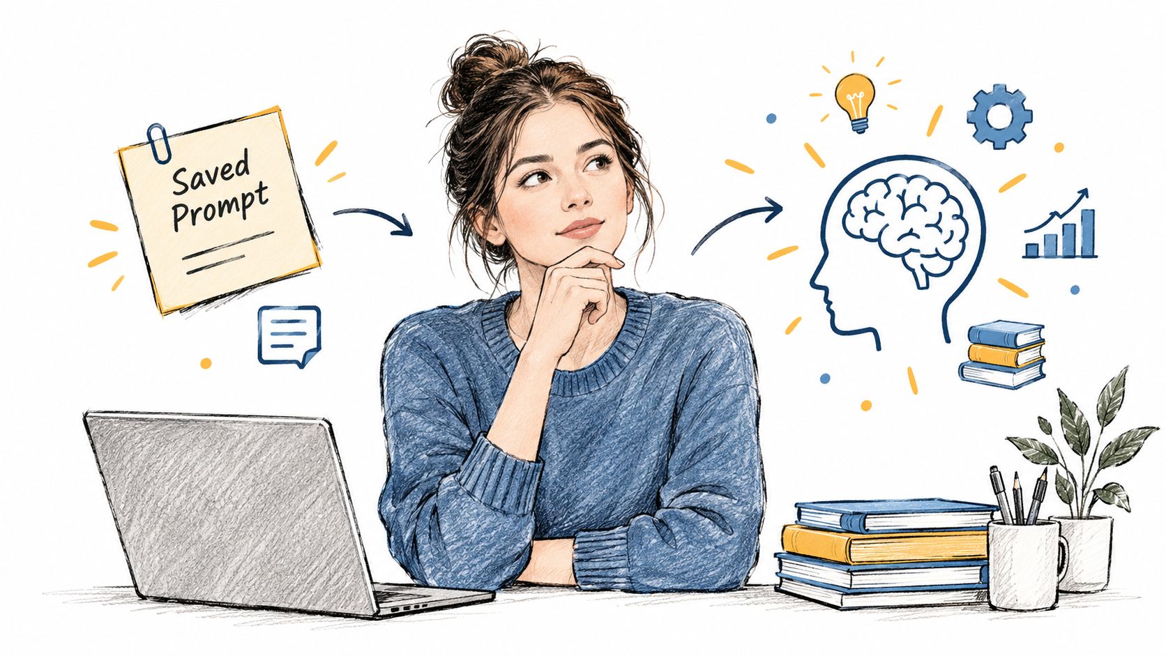A woman thinking at her desk with a laptop, inspired by a saved prompt and intellectual concepts.