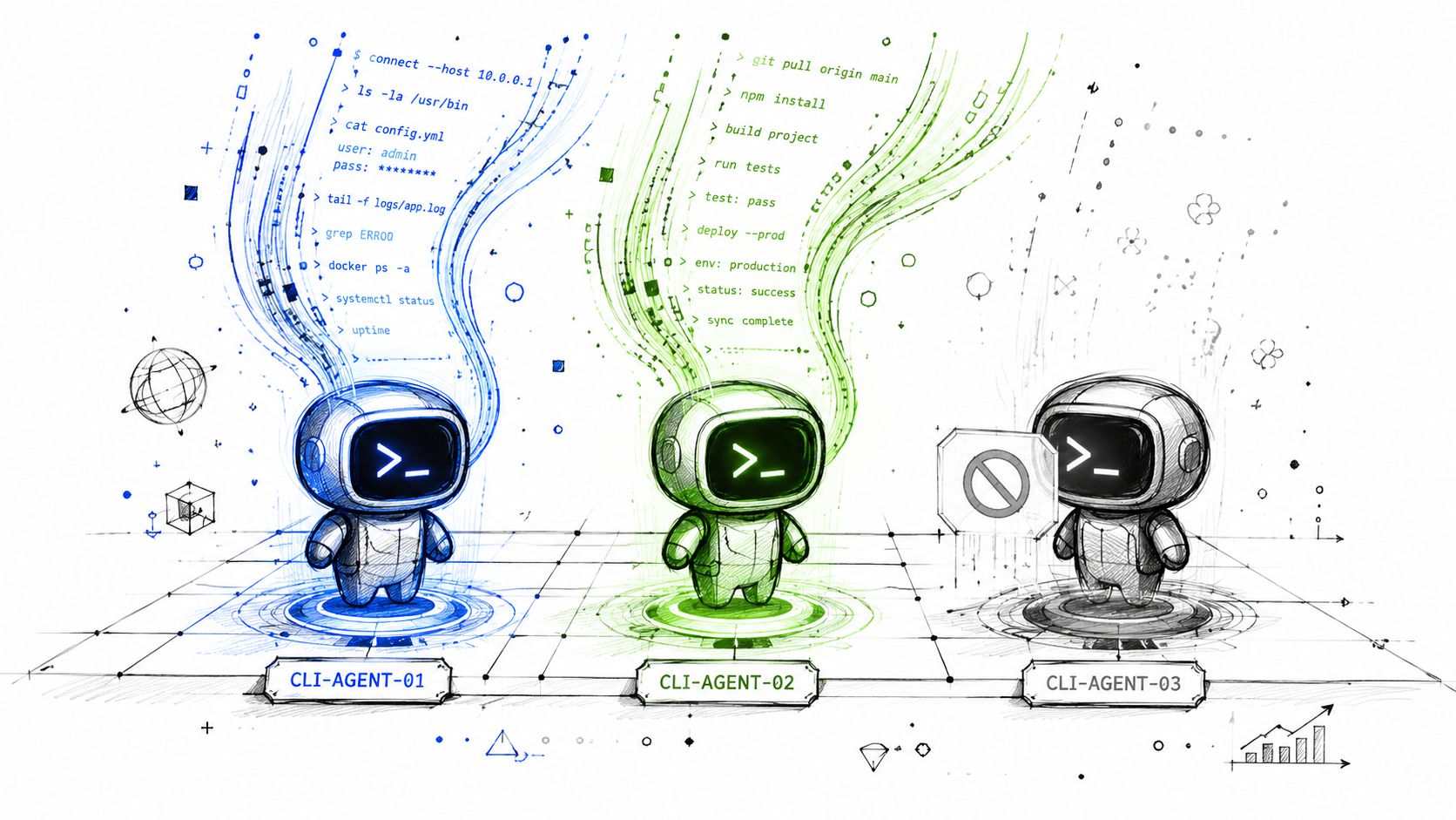 Three stylized robot avatars representing CLI agents with code streams and digital status indicators.