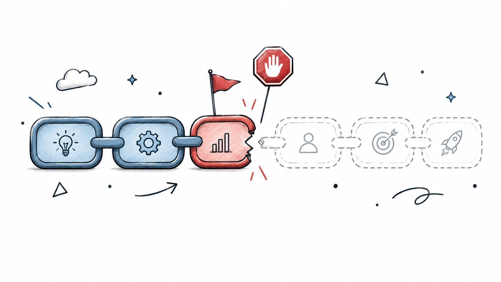 A broken chain illustration representing a disruption in a business process flow with icons.